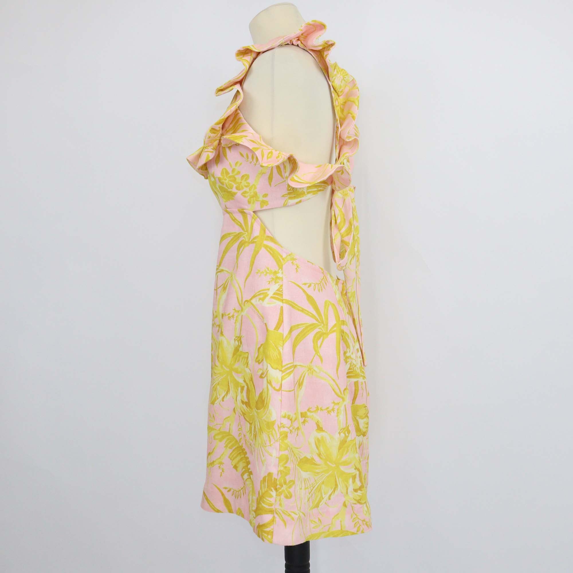 Zimmermann Pink/Yellow Linen Floral Ruffled Cut Out Mini Dress