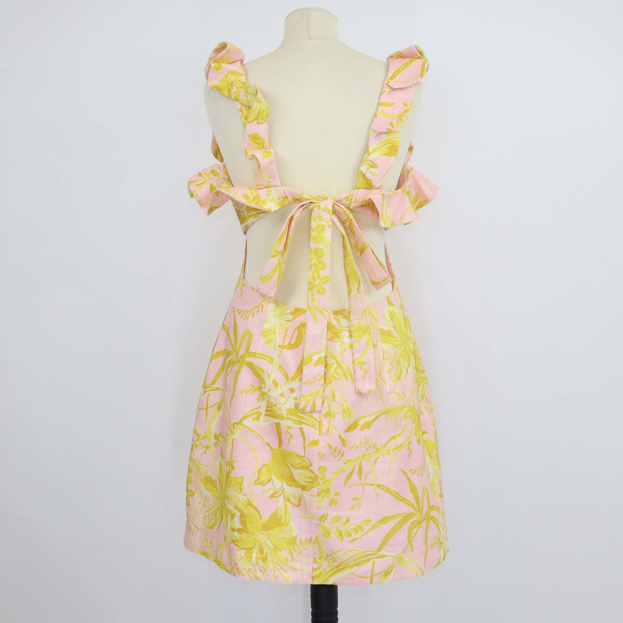 Zimmermann Pink/Yellow Linen Floral Ruffled Cut Out Mini Dress