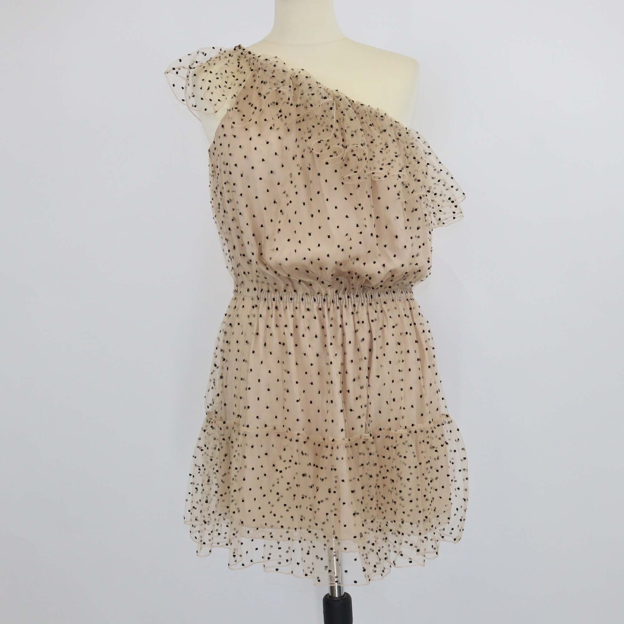 Gucci Beige Blend Fabric Polka Dot Ruffled One Shoulder Mini Dress