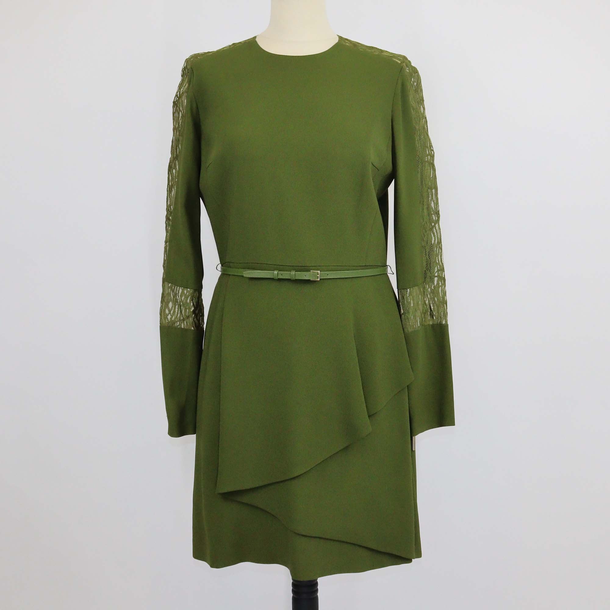 Elie Saab Olive Green Blend Viscose Lace Detail Long Sleeve Belted Short Dress