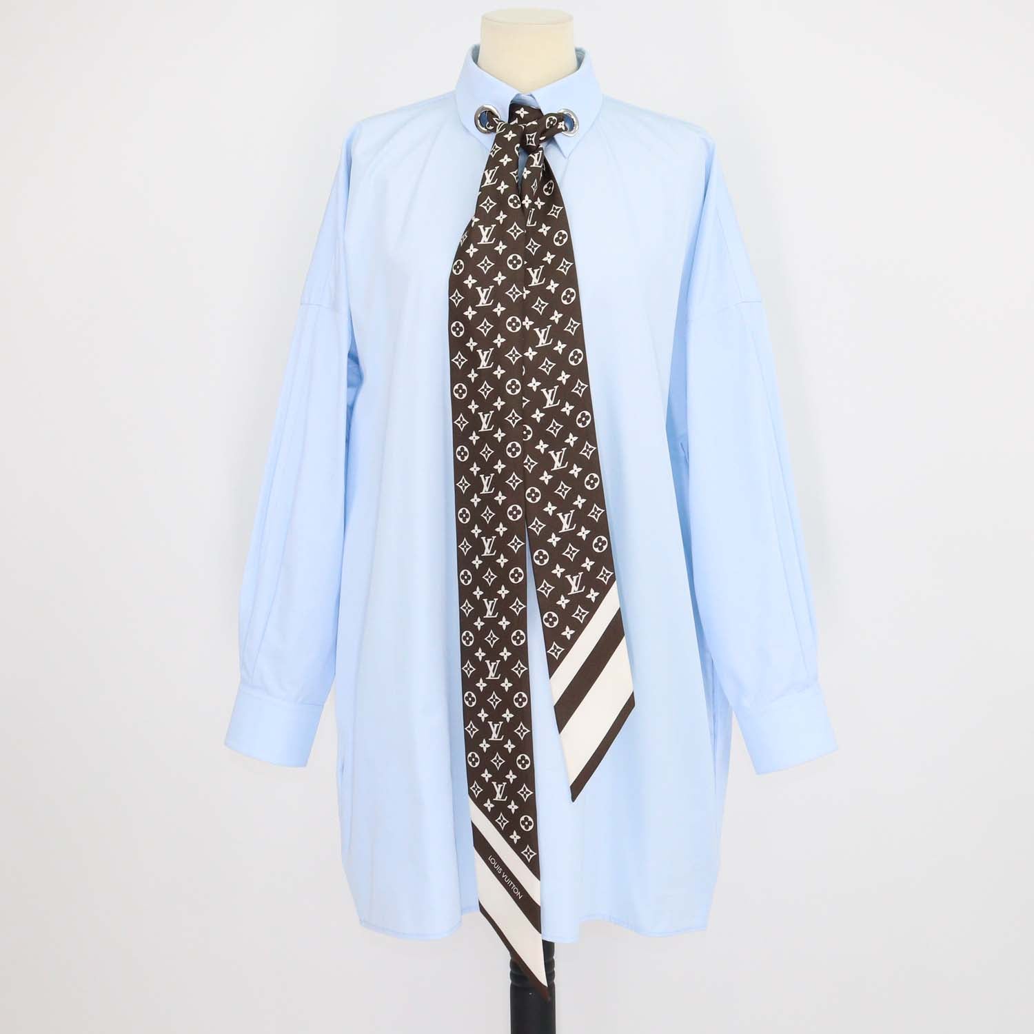 Louis Vuitton Light Blue Cotton Poplin Silk Scarf Detail Long Sleeve Shirt