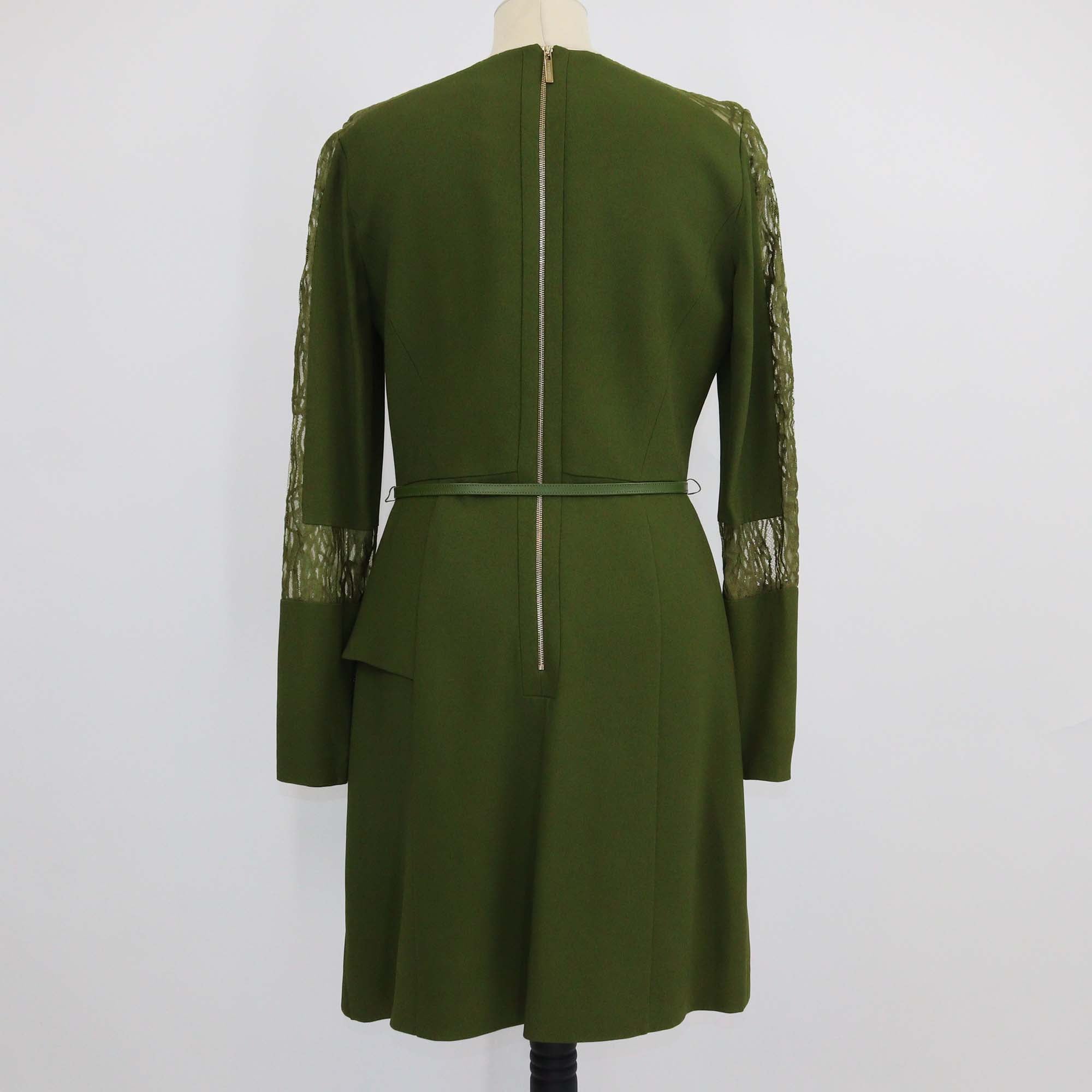 Elie Saab Olive Green Blend Viscose Lace Detail Long Sleeve Belted Short Dress