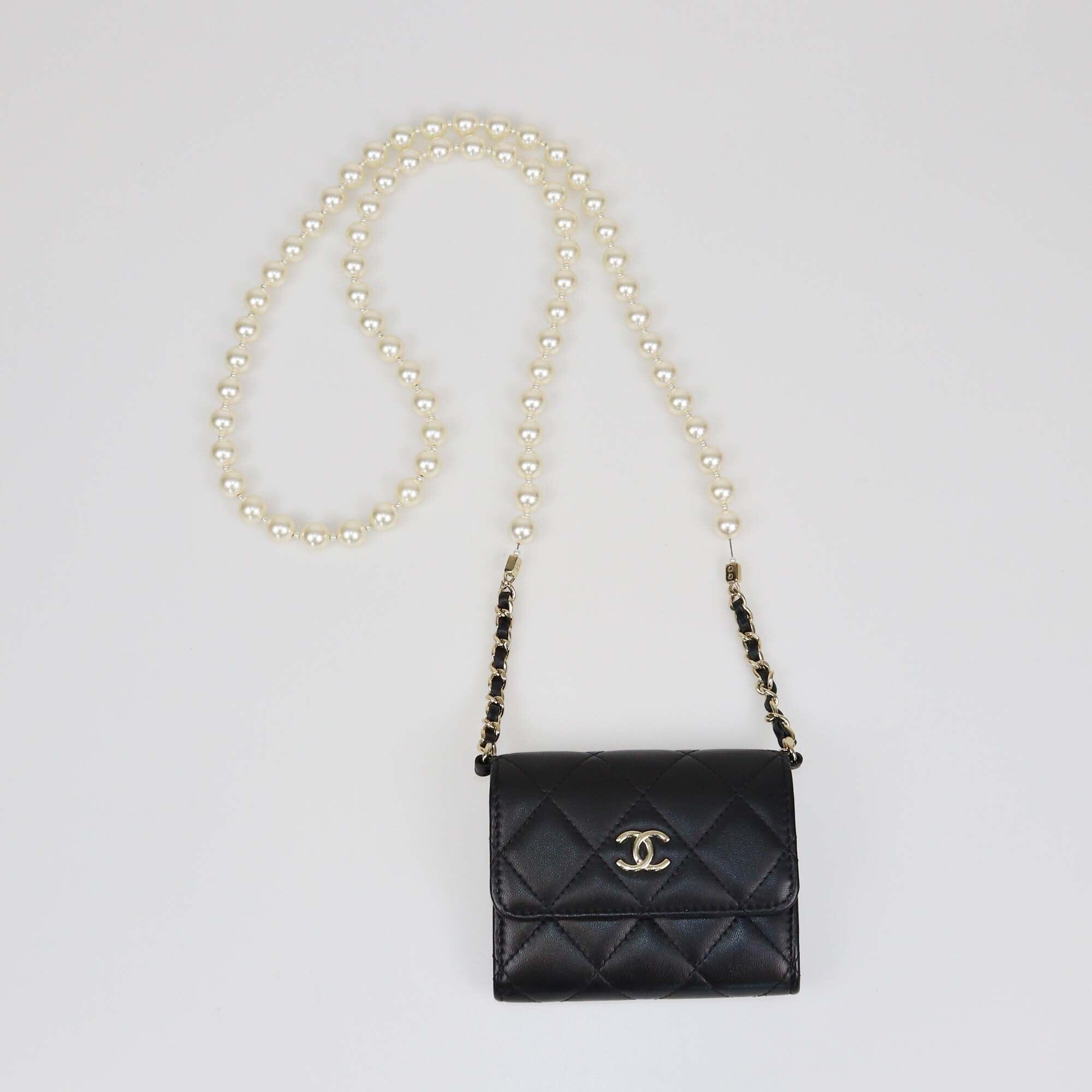 Chanel Black Quilted Pearl Strap Card Holder Wallet Womens Chanel