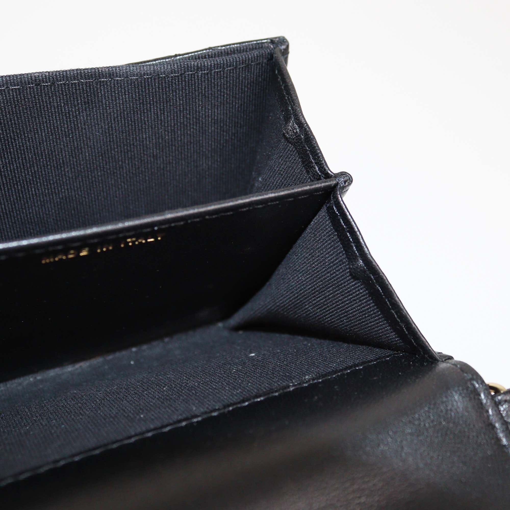 Chanel Black Quilted Pearl Strap Card Holder Wallet Womens Chanel