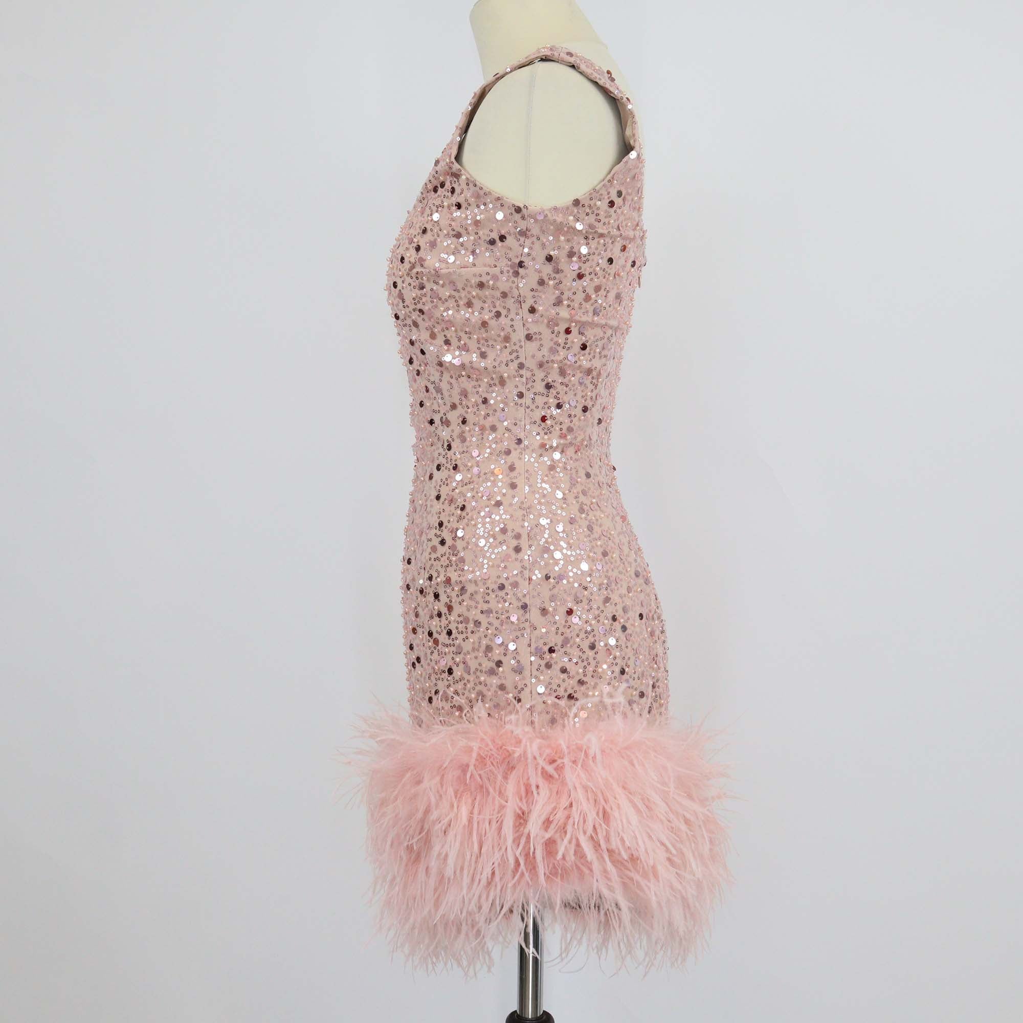 Nadine Merabi Pink Polyester Evie Sequins and Feather Hem Mini Dress