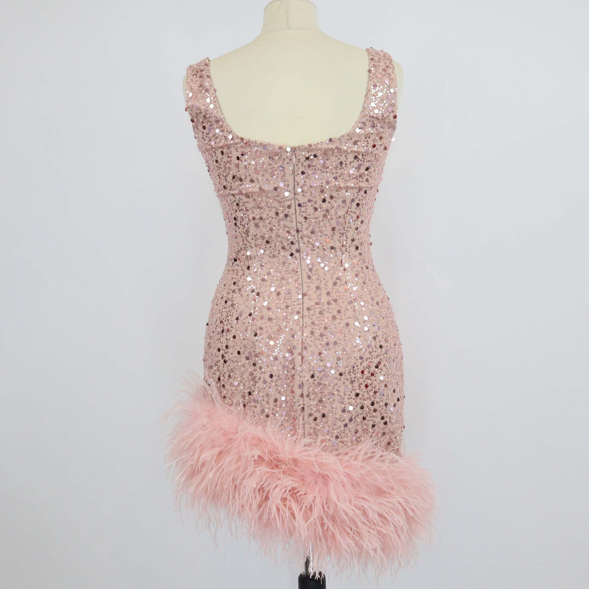 Nadine Merabi Pink Polyester Evie Sequins and Feather Hem Mini Dress