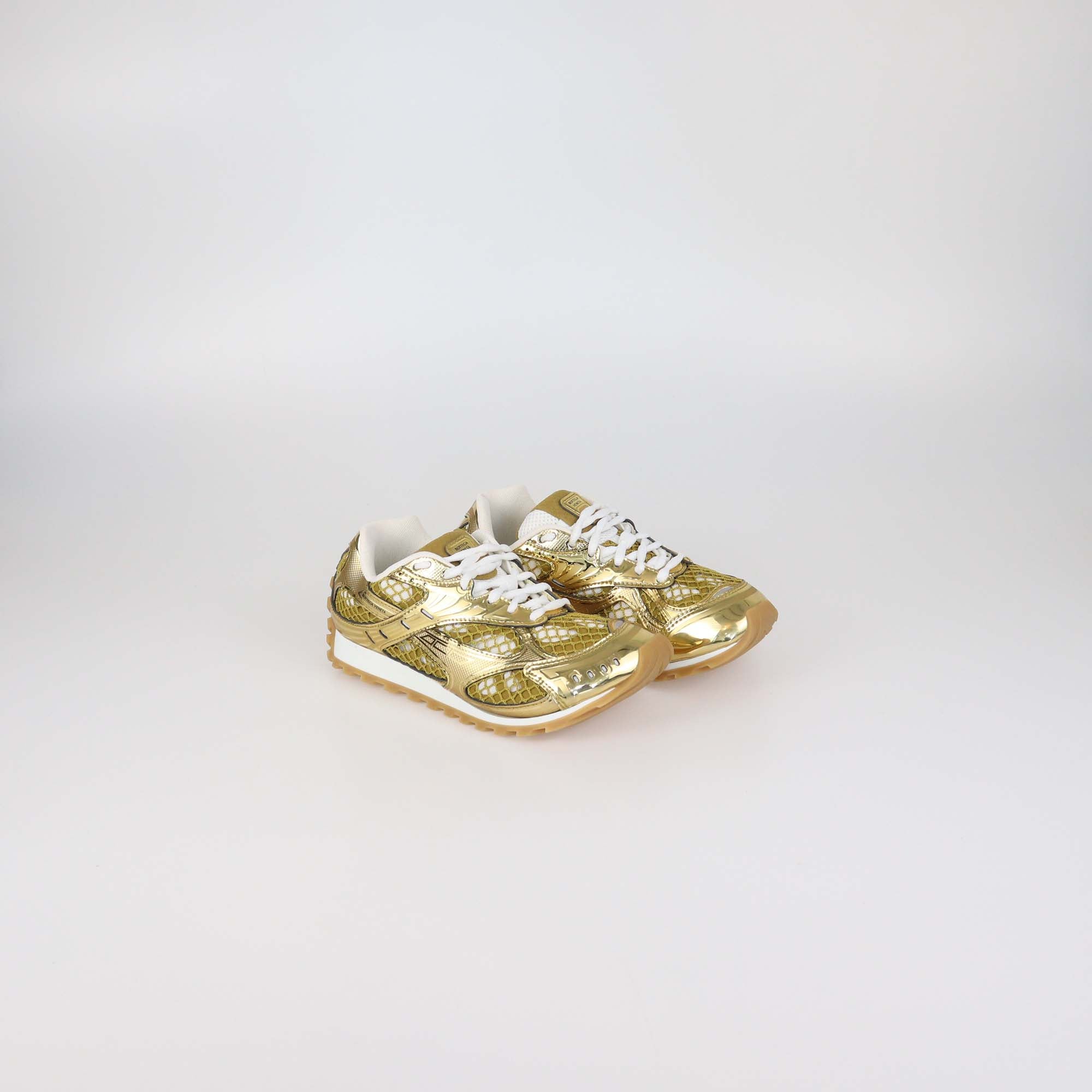 Bottega Veneta Gold/White Technical Fabric and Mesh Orbit Sneakers