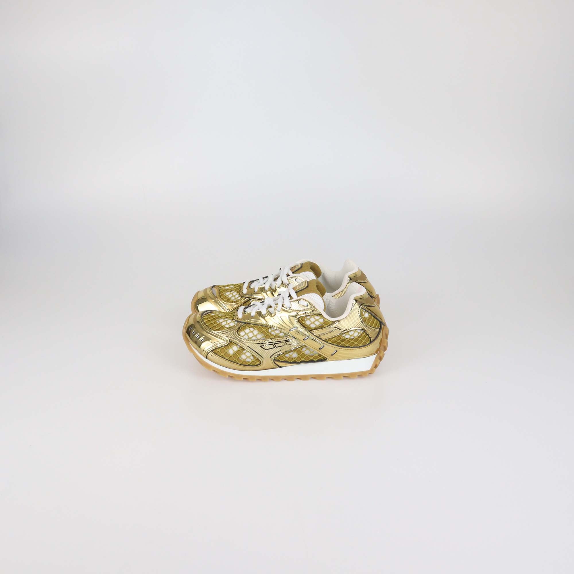 Bottega Veneta Gold/White Technical Fabric and Mesh Orbit Sneakers