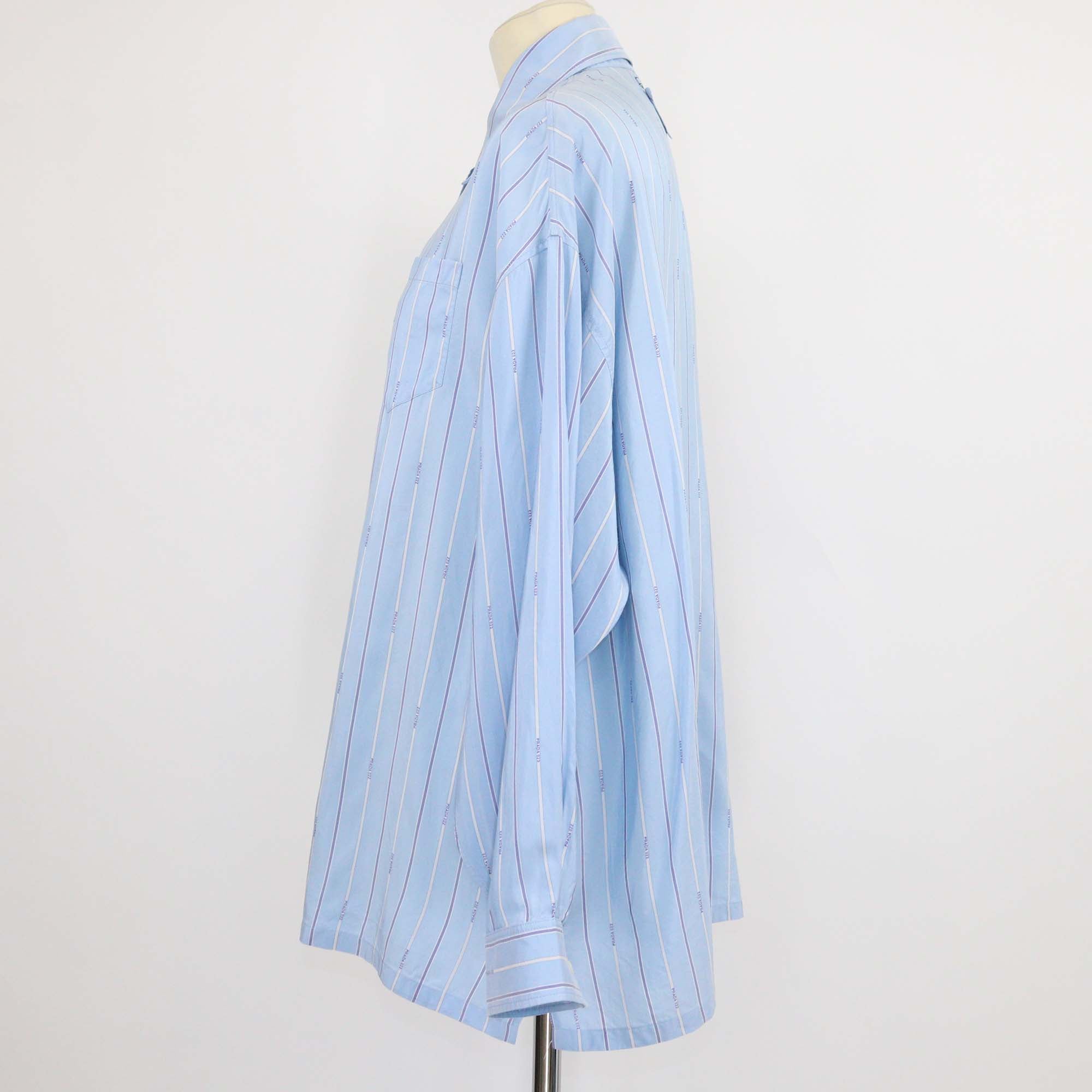 Prada Blue Silk Stripe Logo 022 Printed Long Sleeve Shirt