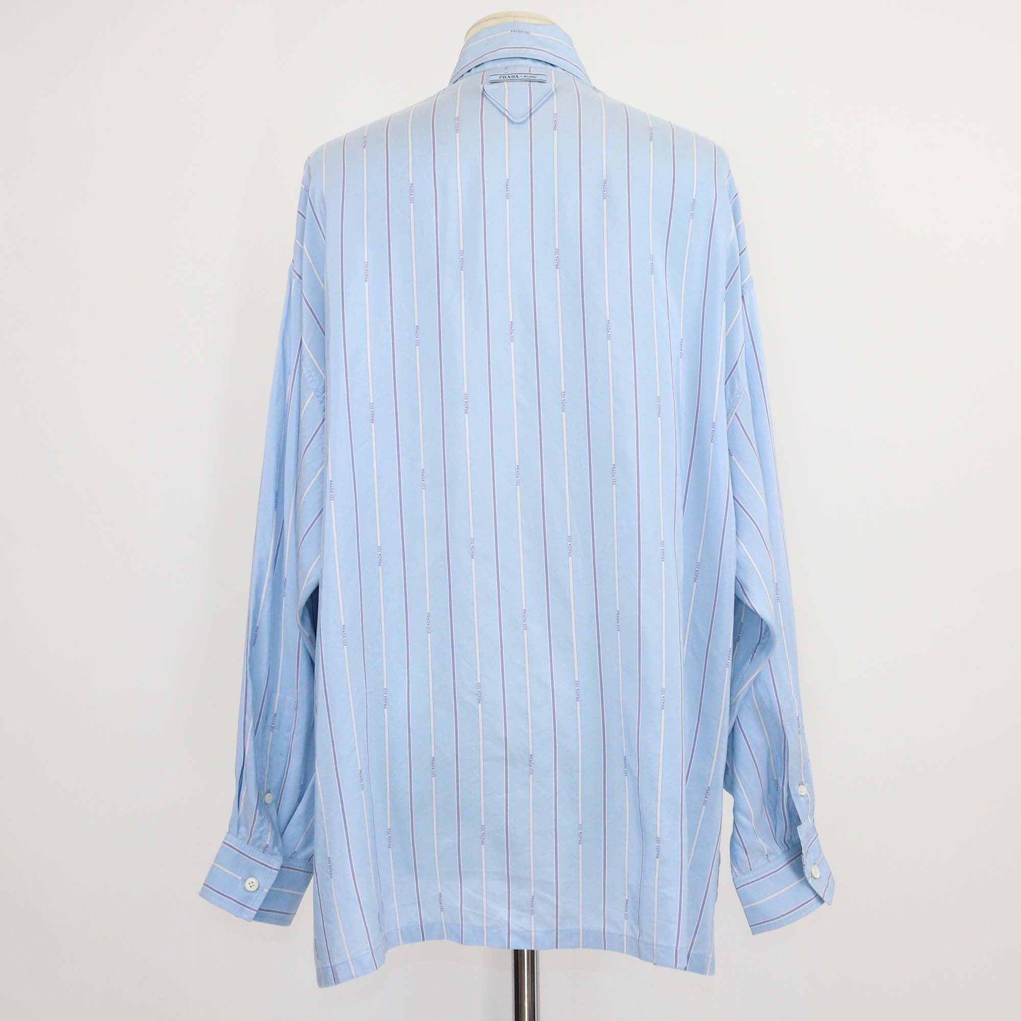 Prada Blue Silk Stripe Logo 022 Printed Long Sleeve Shirt