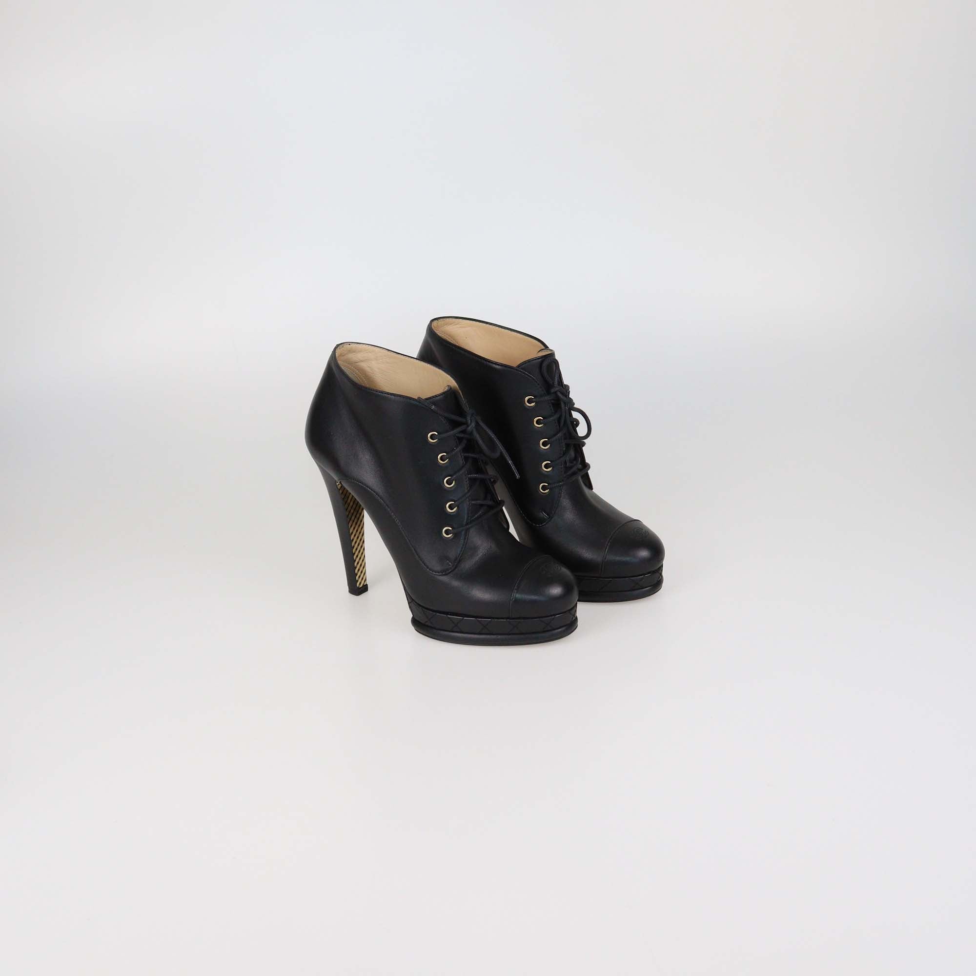 Chanel Black Leather Lace Up Platform Cap Toe Booties