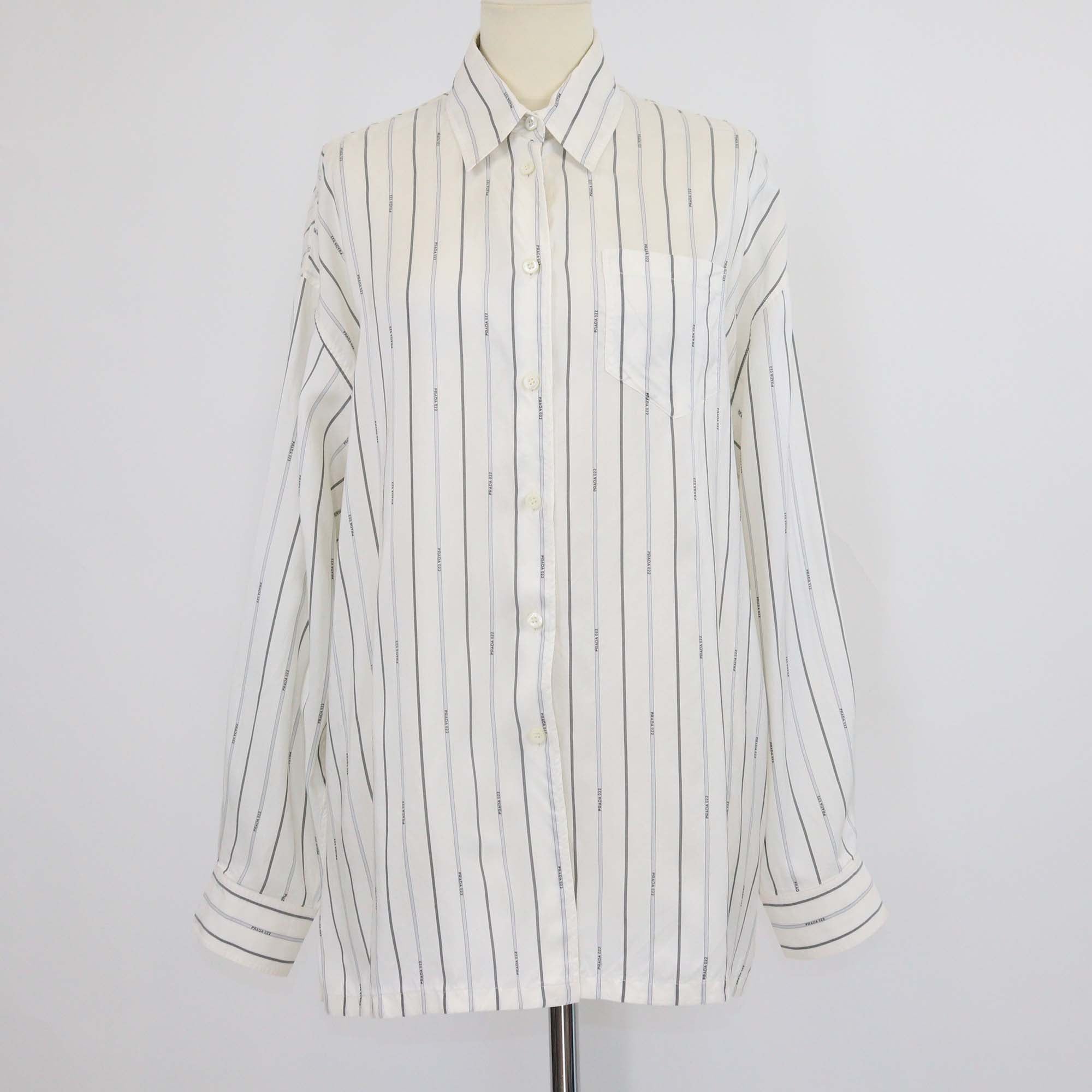 Prada White Silk Stripe Logo 022 Printed Long Sleeve Shirt