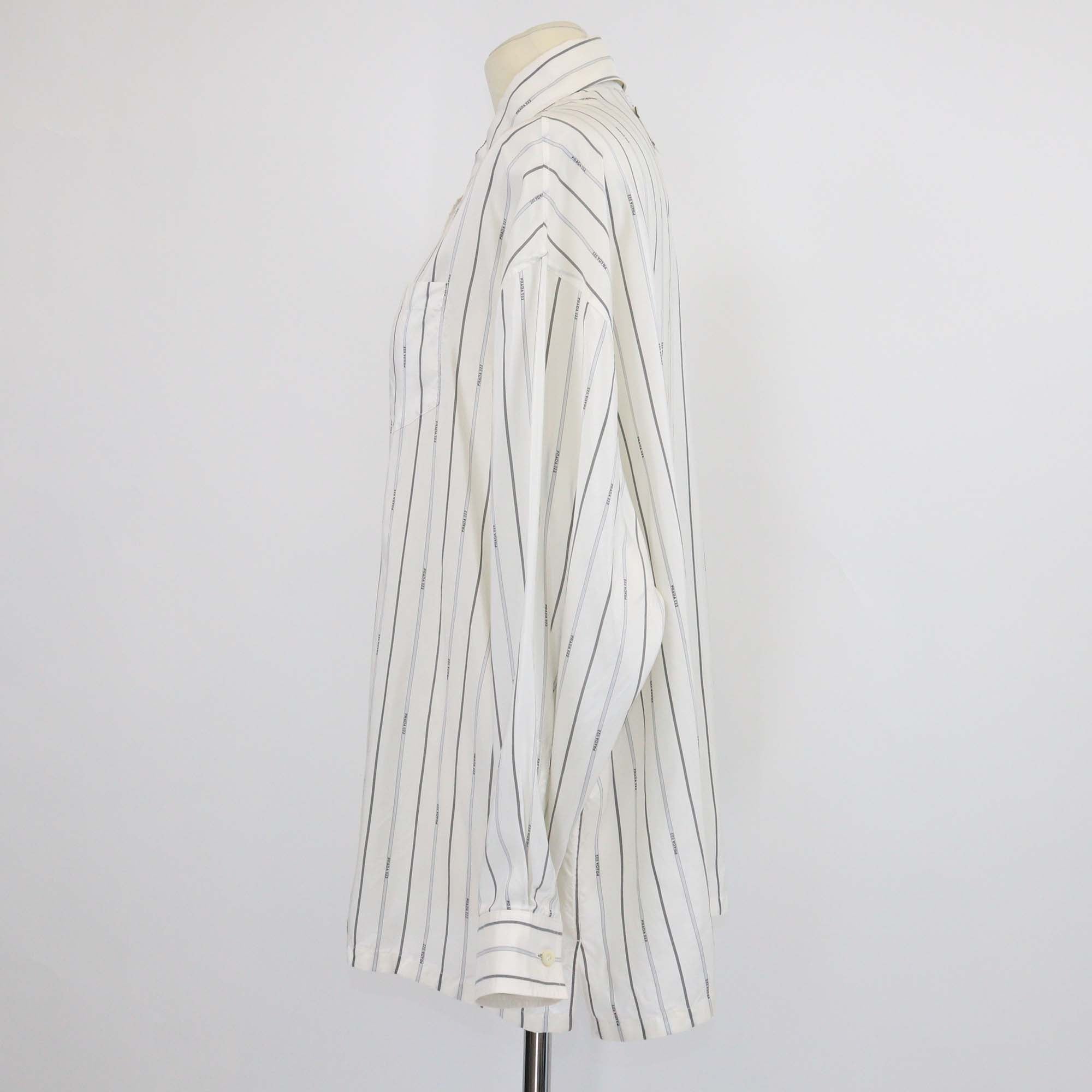 Prada White Silk Stripe Logo 022 Printed Long Sleeve Shirt