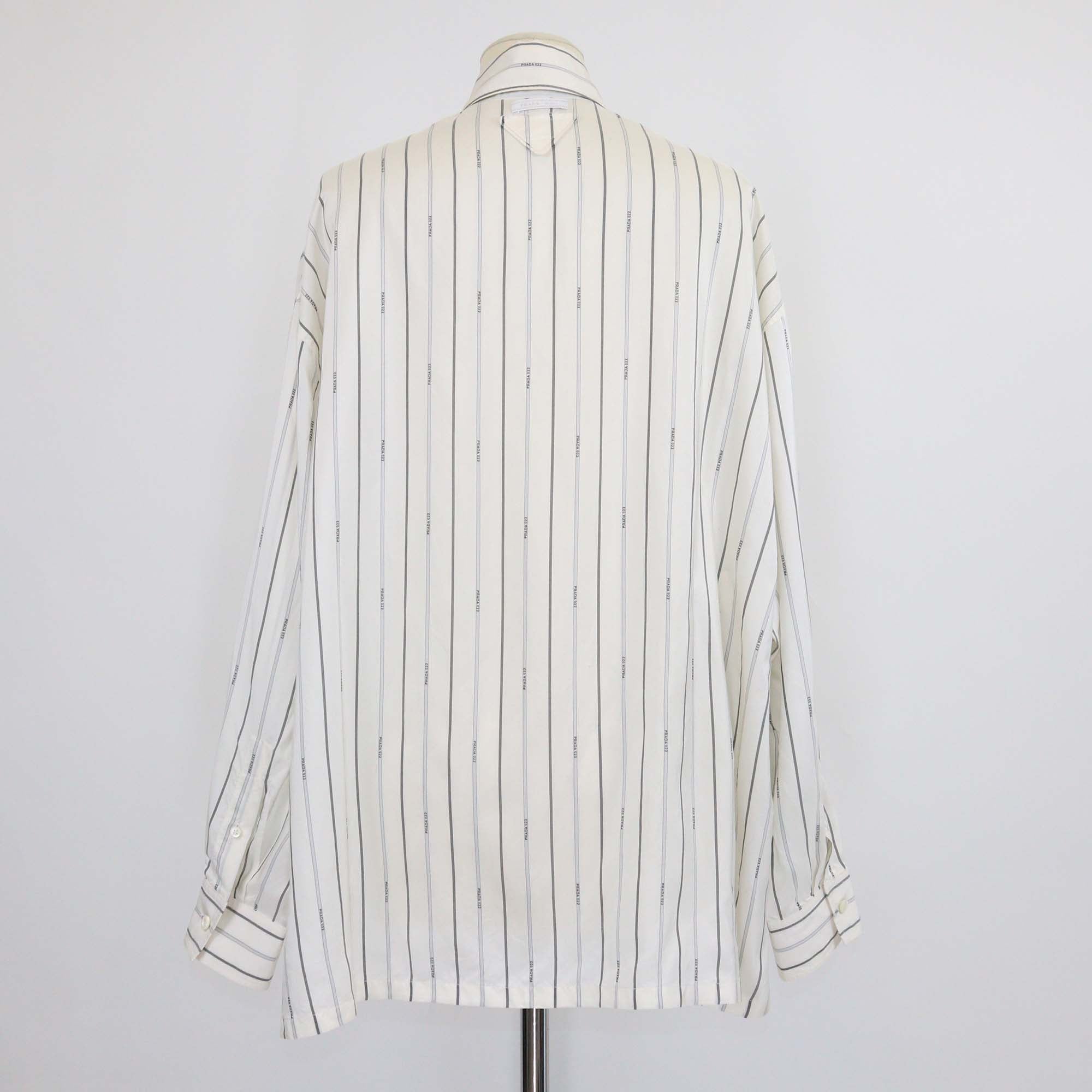 Prada White Silk Stripe Logo 022 Printed Long Sleeve Shirt
