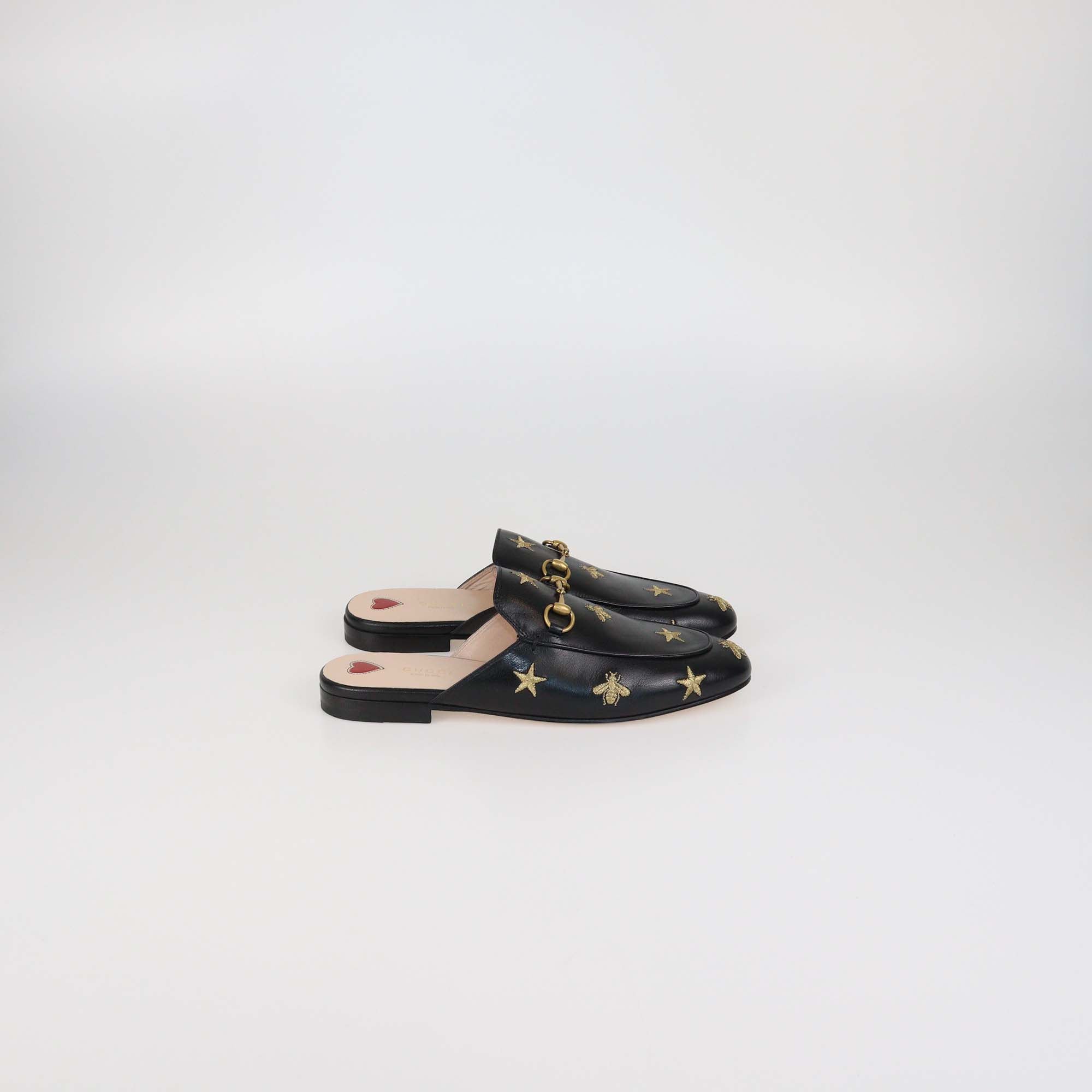 Gucci Black Leather Star & Bee Embroidered Princetown Mules