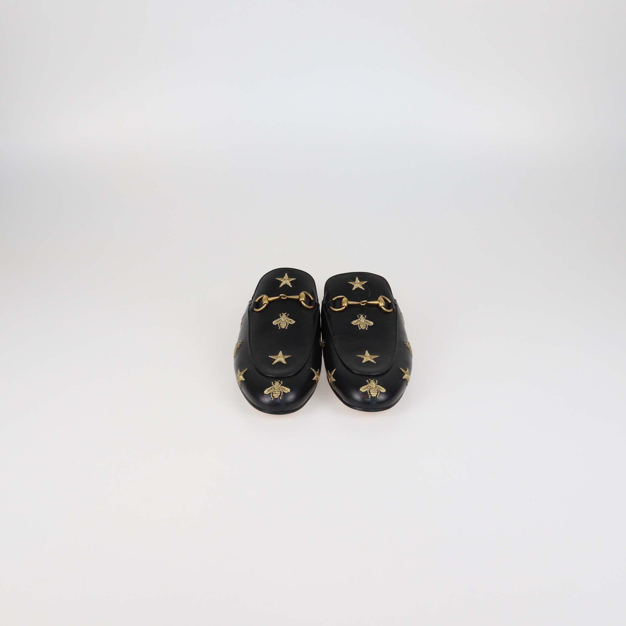 Gucci Black Leather Star & Bee Embroidered Princetown Mules