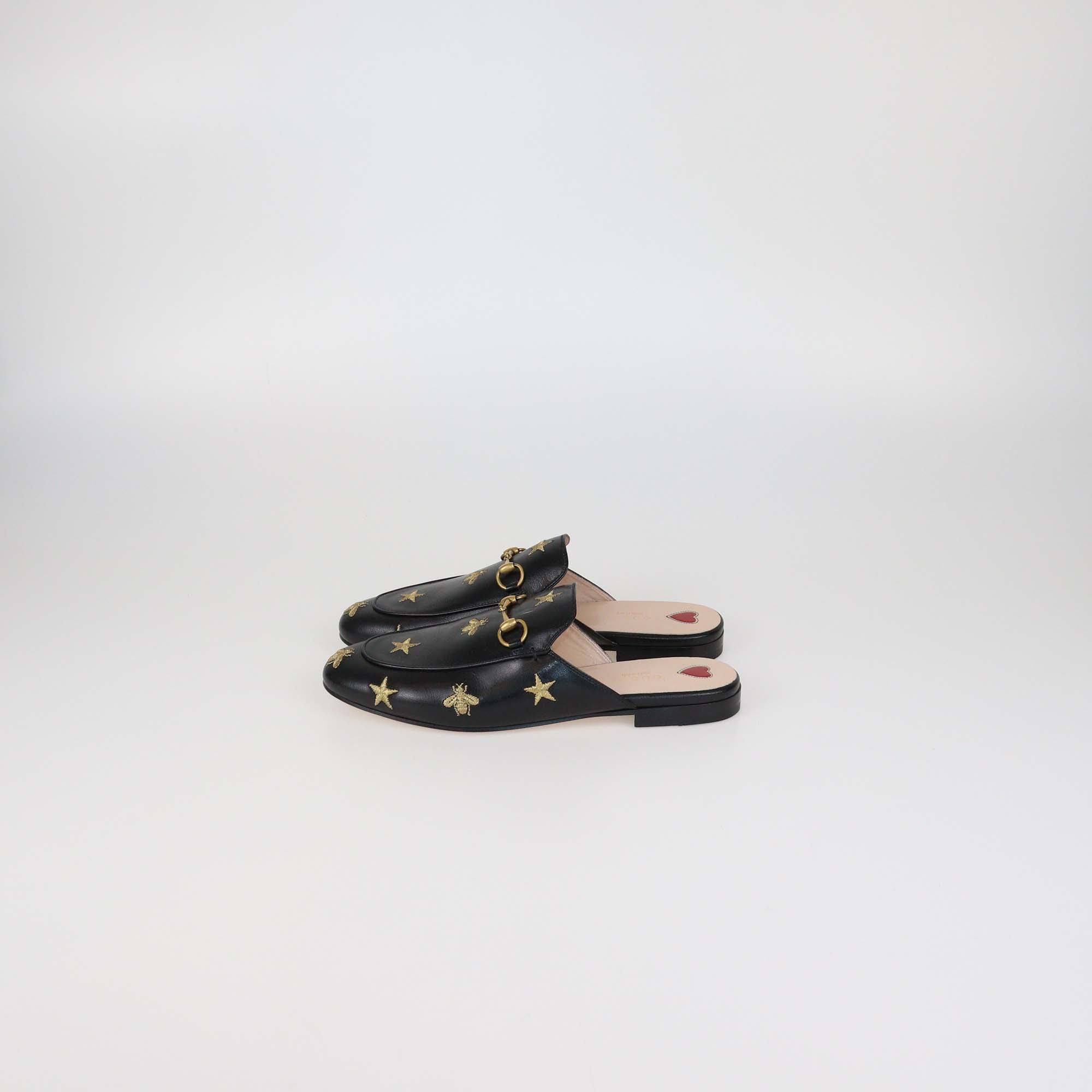 Gucci Black Leather Star & Bee Embroidered Princetown Mules