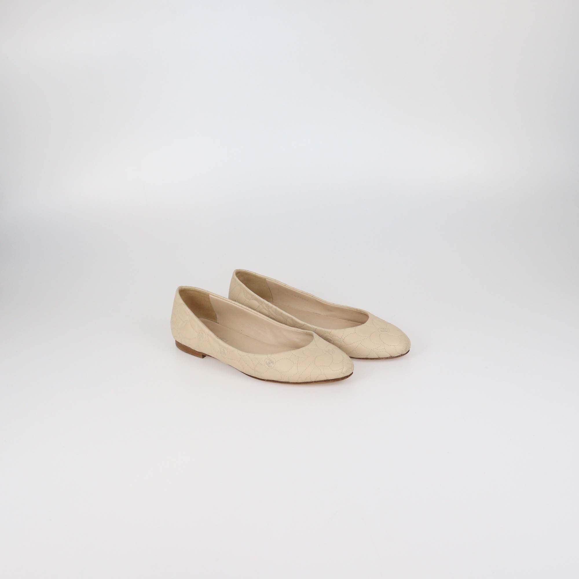 Chanel Beige Camellia Embroidered Leather Flat Pumps