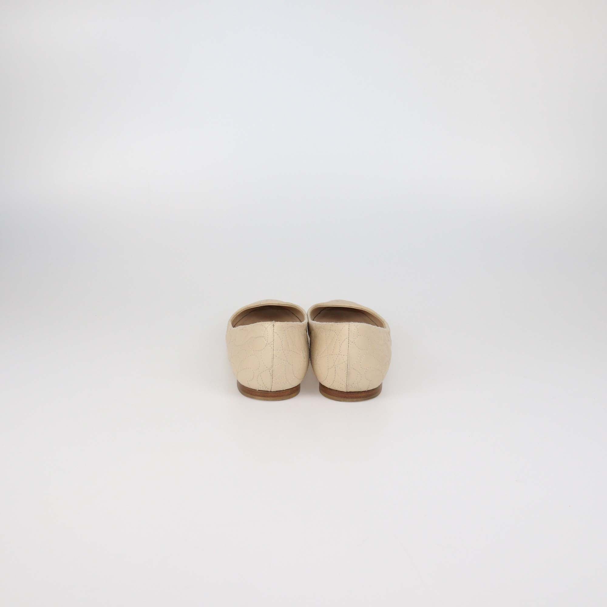 Chanel Beige Camellia Embroidered Leather Flat Pumps