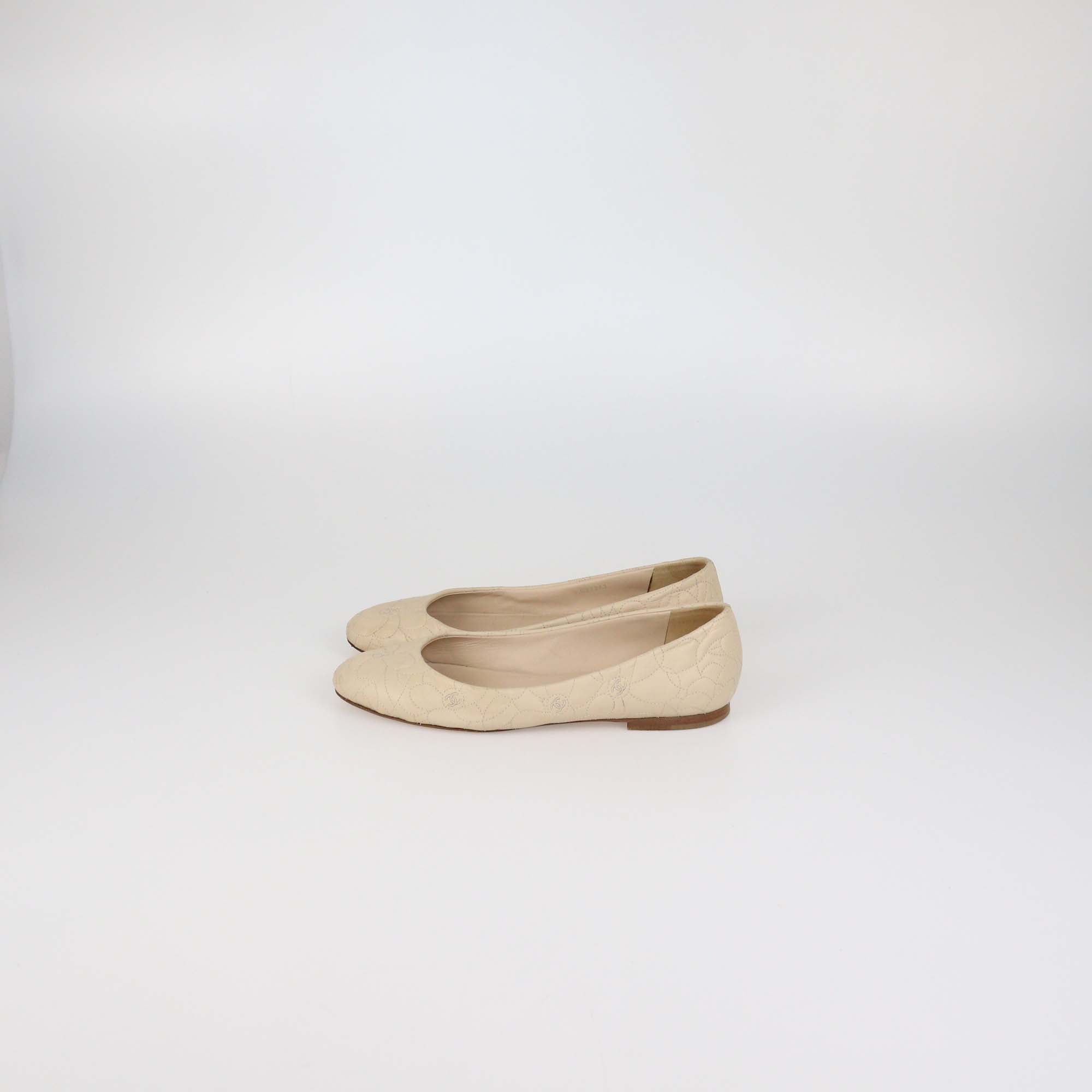 Chanel Beige Camellia Embroidered Leather Flat Pumps