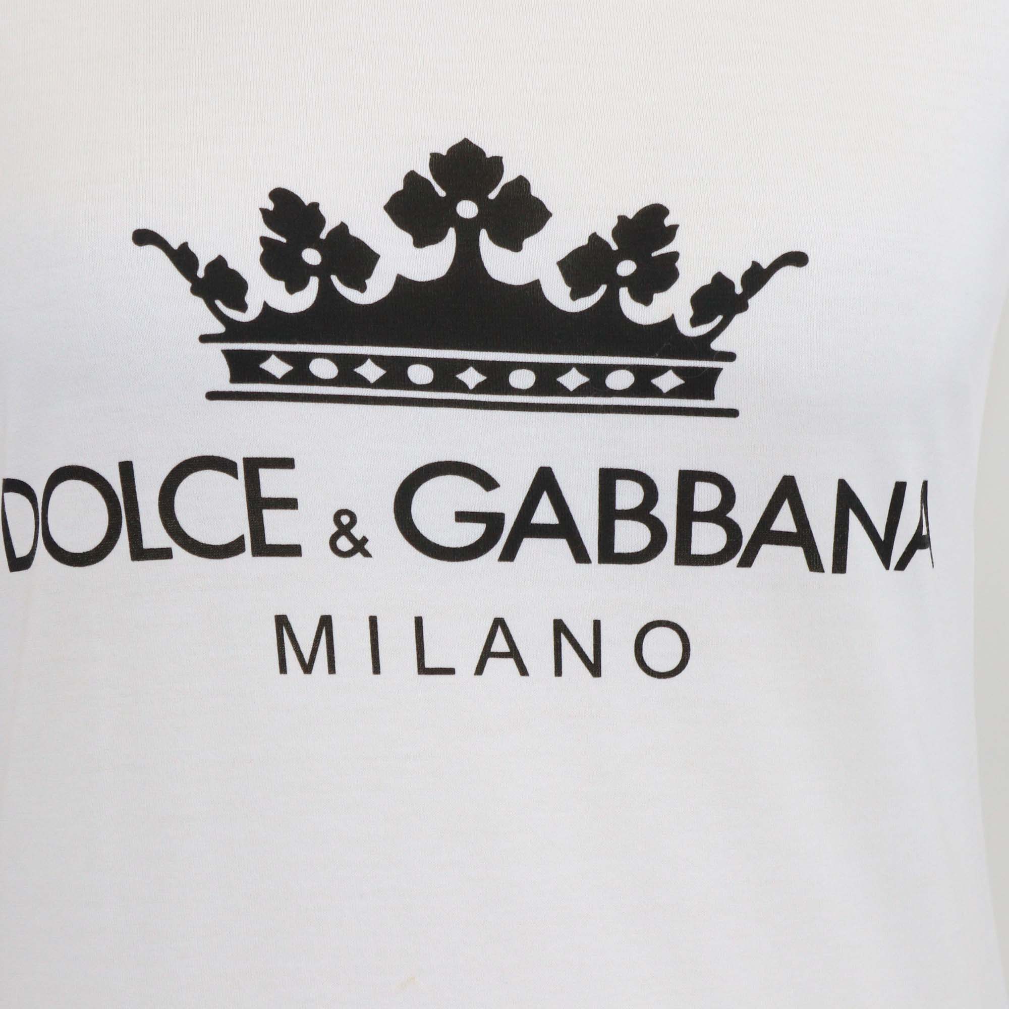 Dolce & Gabbana White Cotton Print Rhinestone T-Shirt
