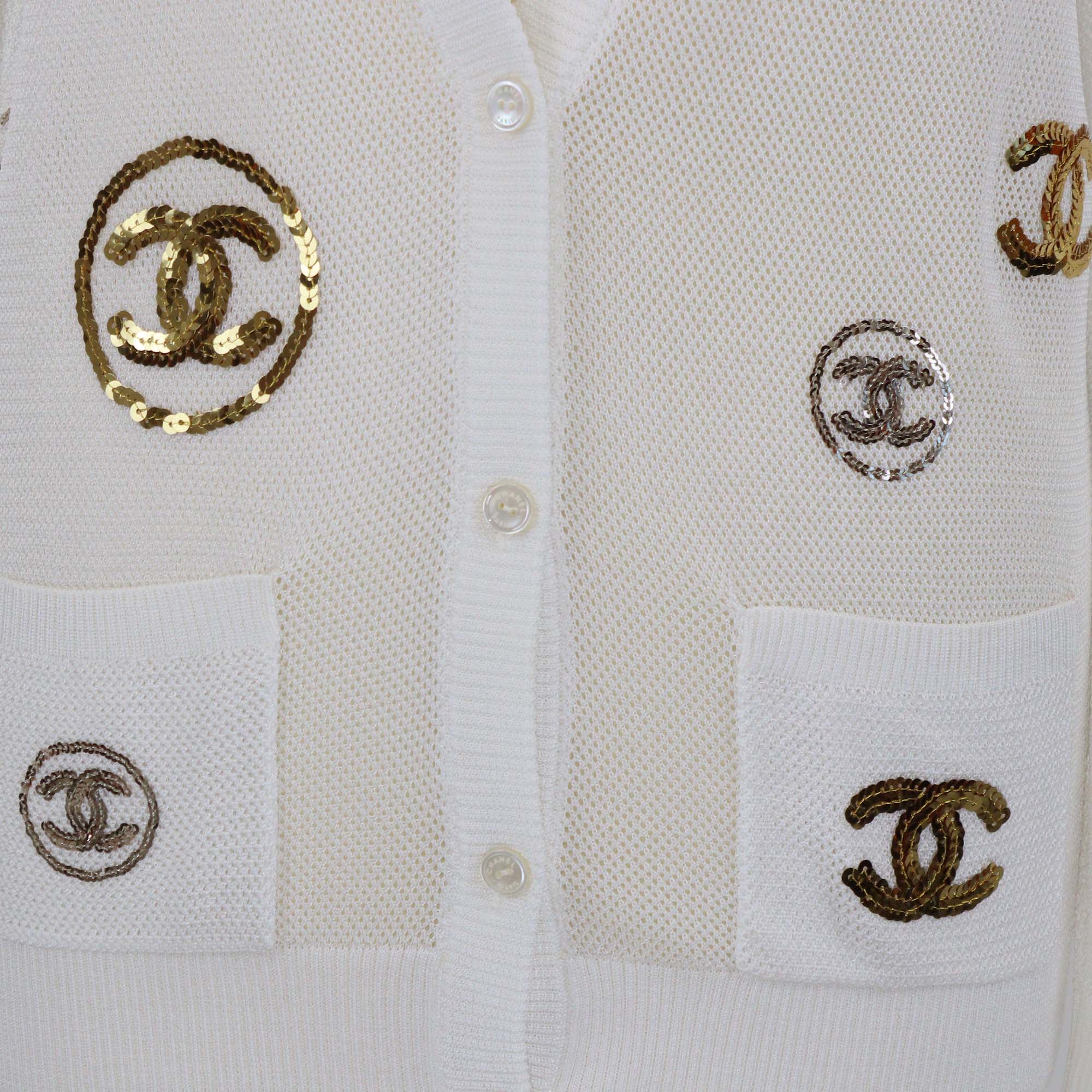 Chanel White/Gold Mesh Viscose CC Logo Sequins Cardigan