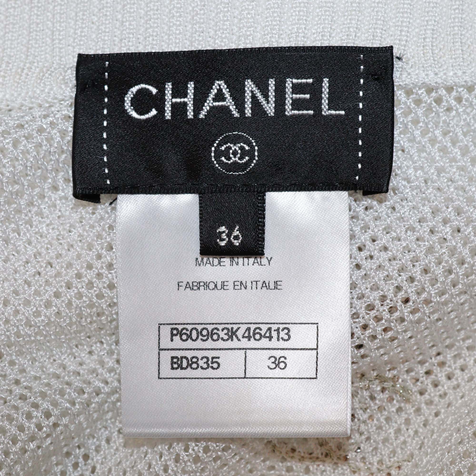 Chanel White/Gold Mesh Viscose CC Logo Sequins Cardigan