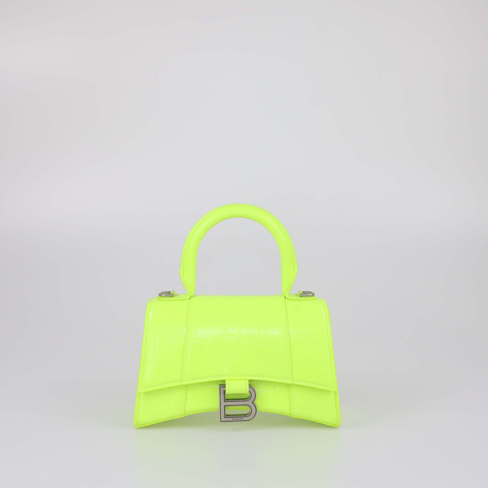 Balenciaga Neon Green Croc Embossed XS Hourglass Top Handle Bag Womens Balenciaga