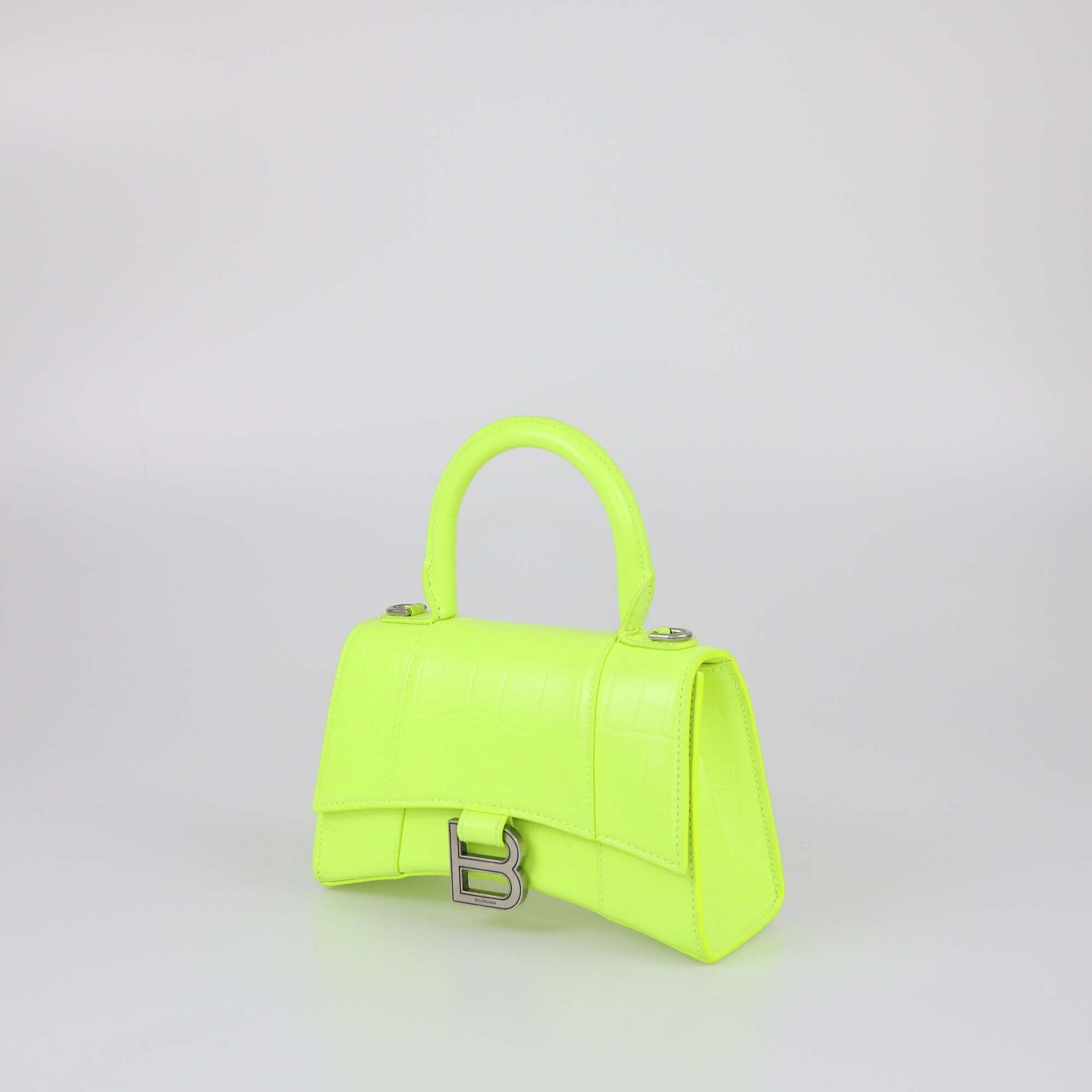 Balenciaga Neon Green Croc Embossed XS Hourglass Top Handle Bag Womens Balenciaga
