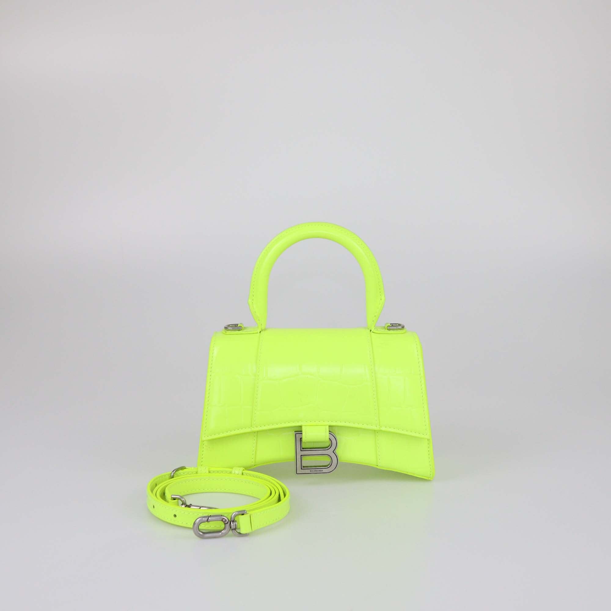 Balenciaga Neon Green Croc Embossed XS Hourglass Top Handle Bag Womens Balenciaga