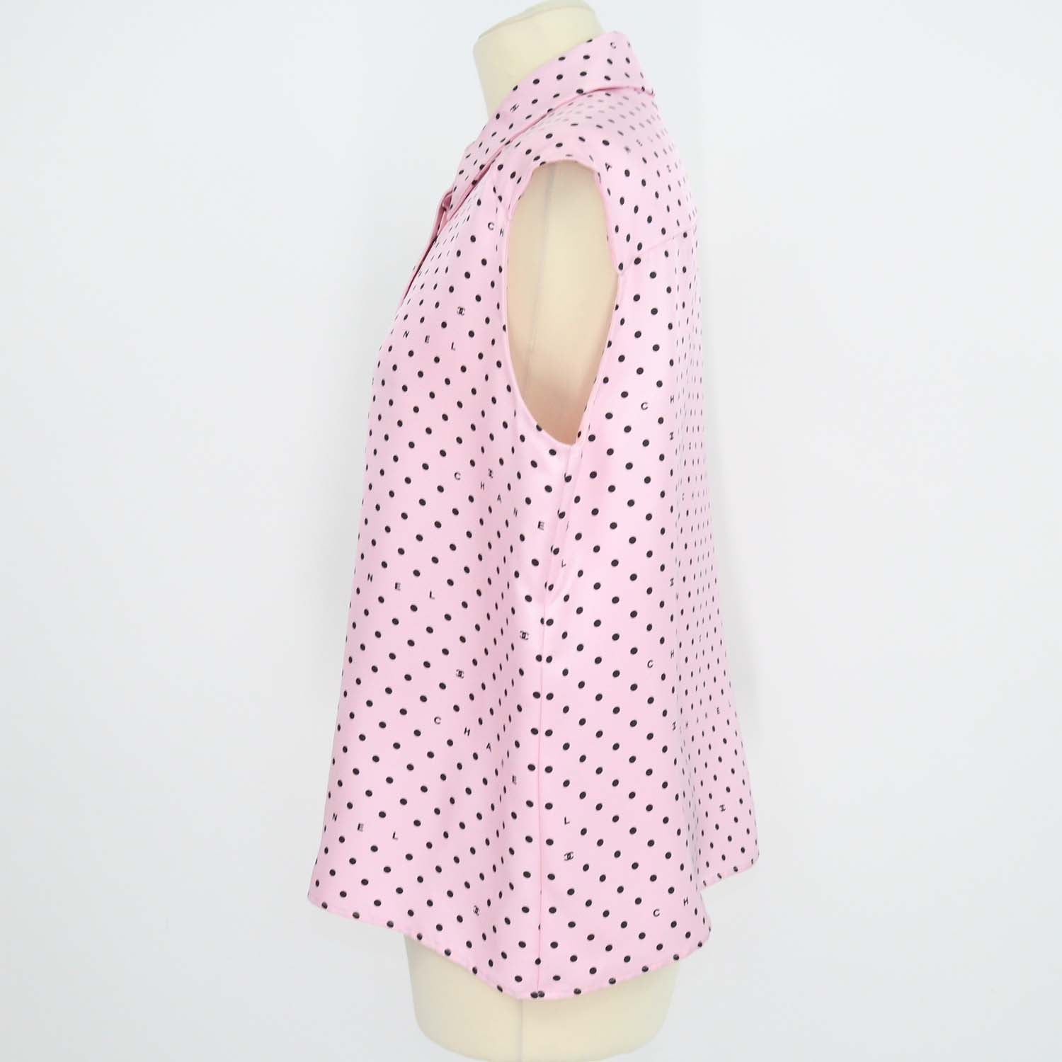 Chanel Pink Silk Polka Dot Sleeveless Shirt
