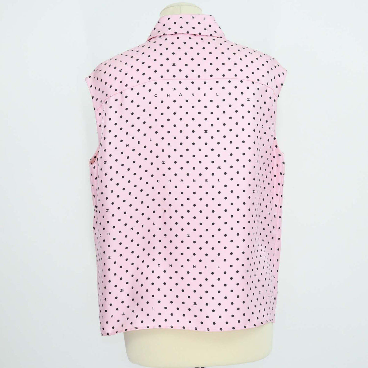 Chanel Pink Silk Polka Dot Sleeveless Shirt