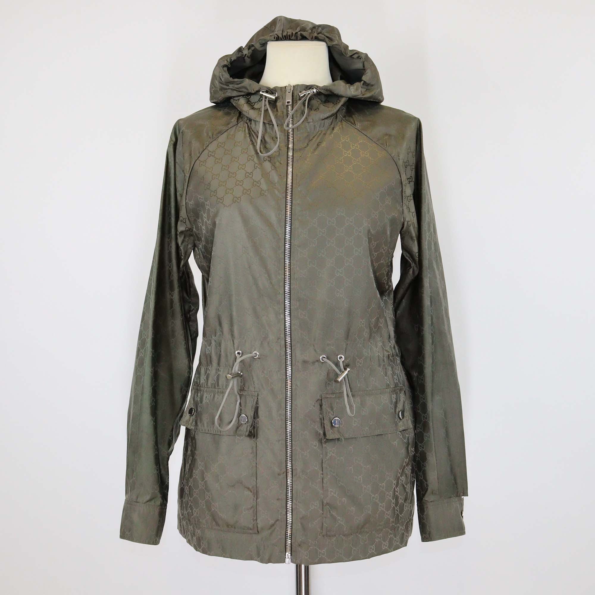 Gucci Army Green GG Nylon Jacquard Zip Hoodie Jacket