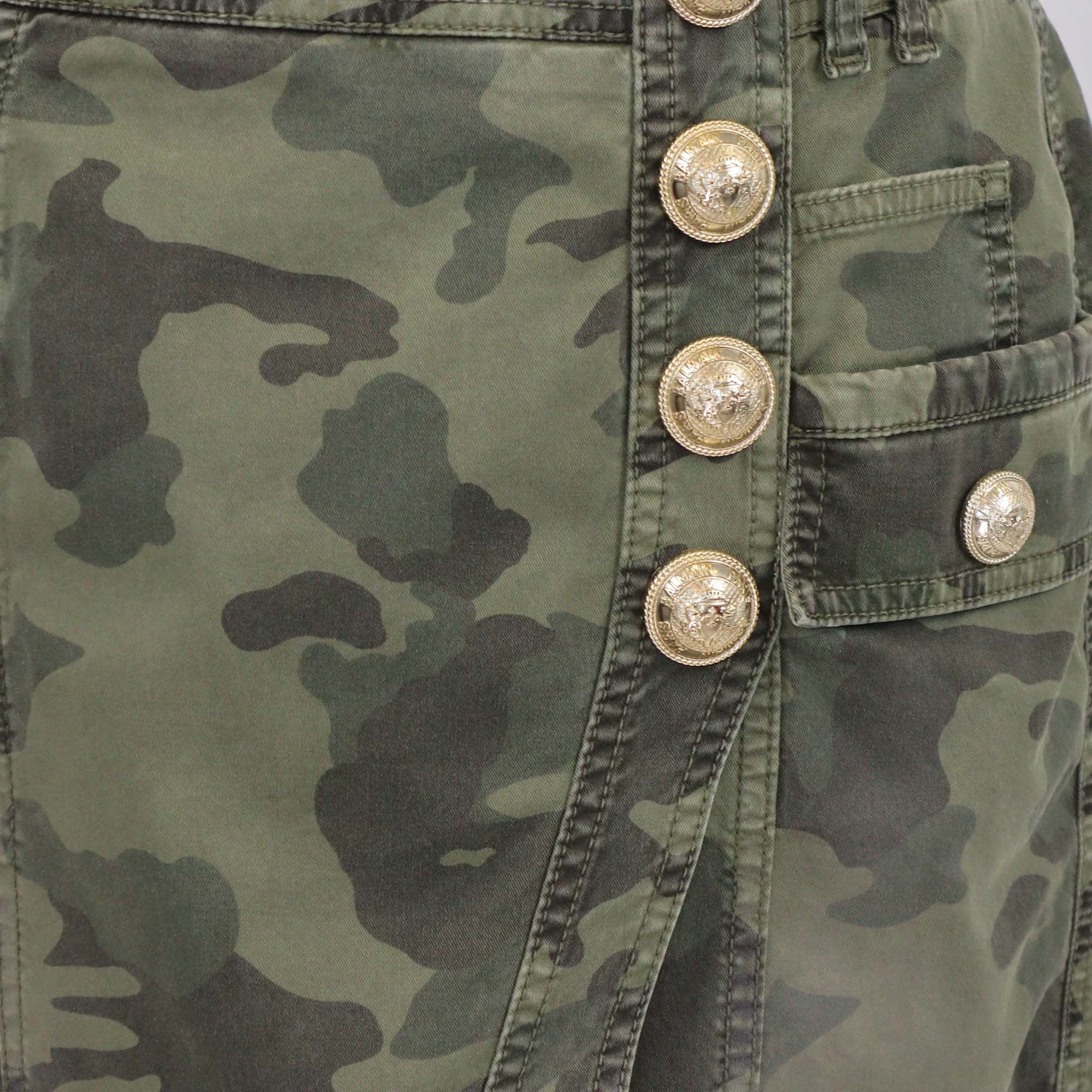 Balmain Green Camouflage Cotton Button Skirt