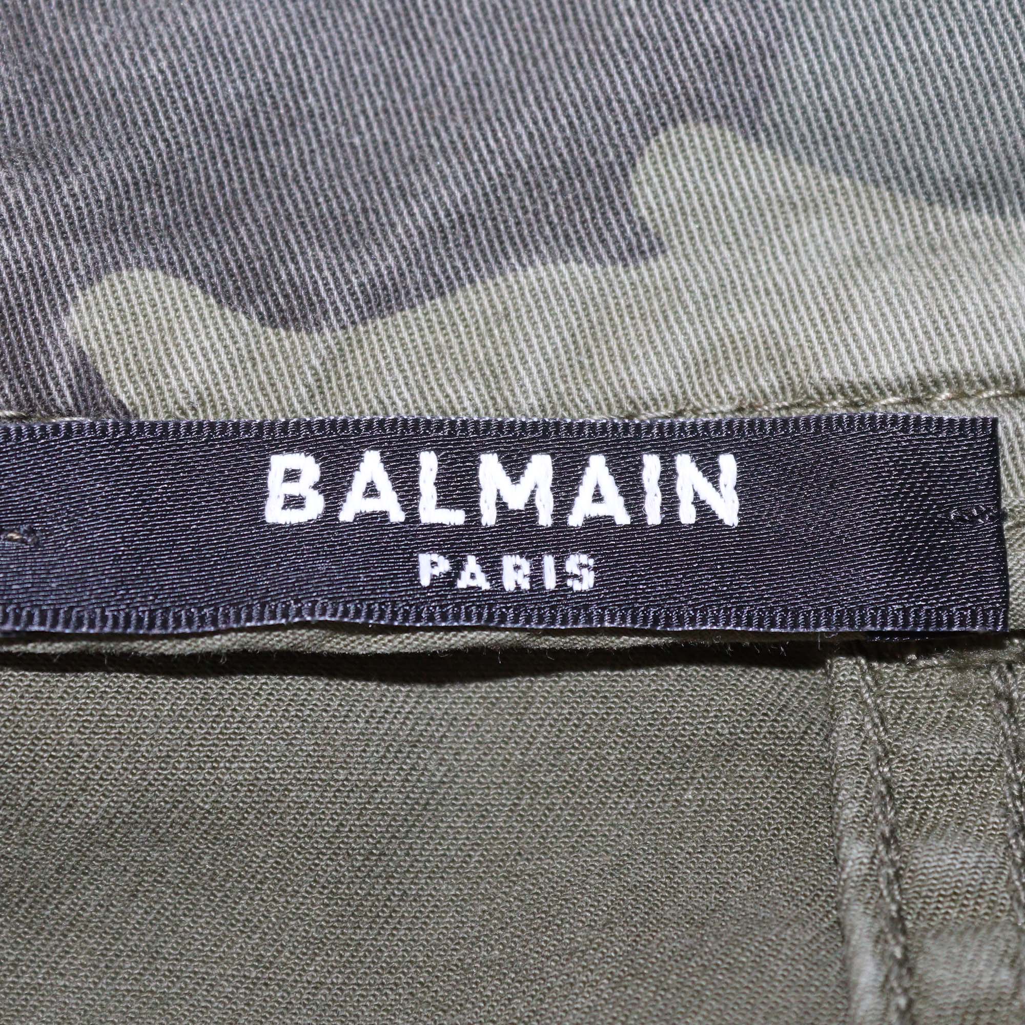 Balmain Green Camouflage Cotton Button Skirt
