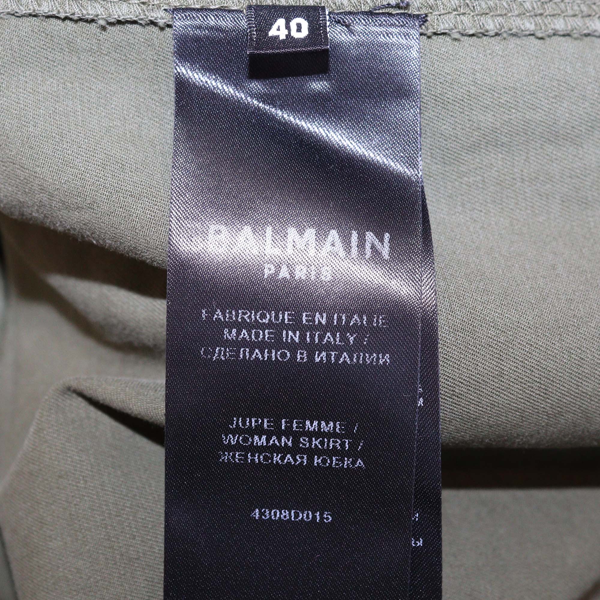 Balmain Green Camouflage Cotton Button Skirt