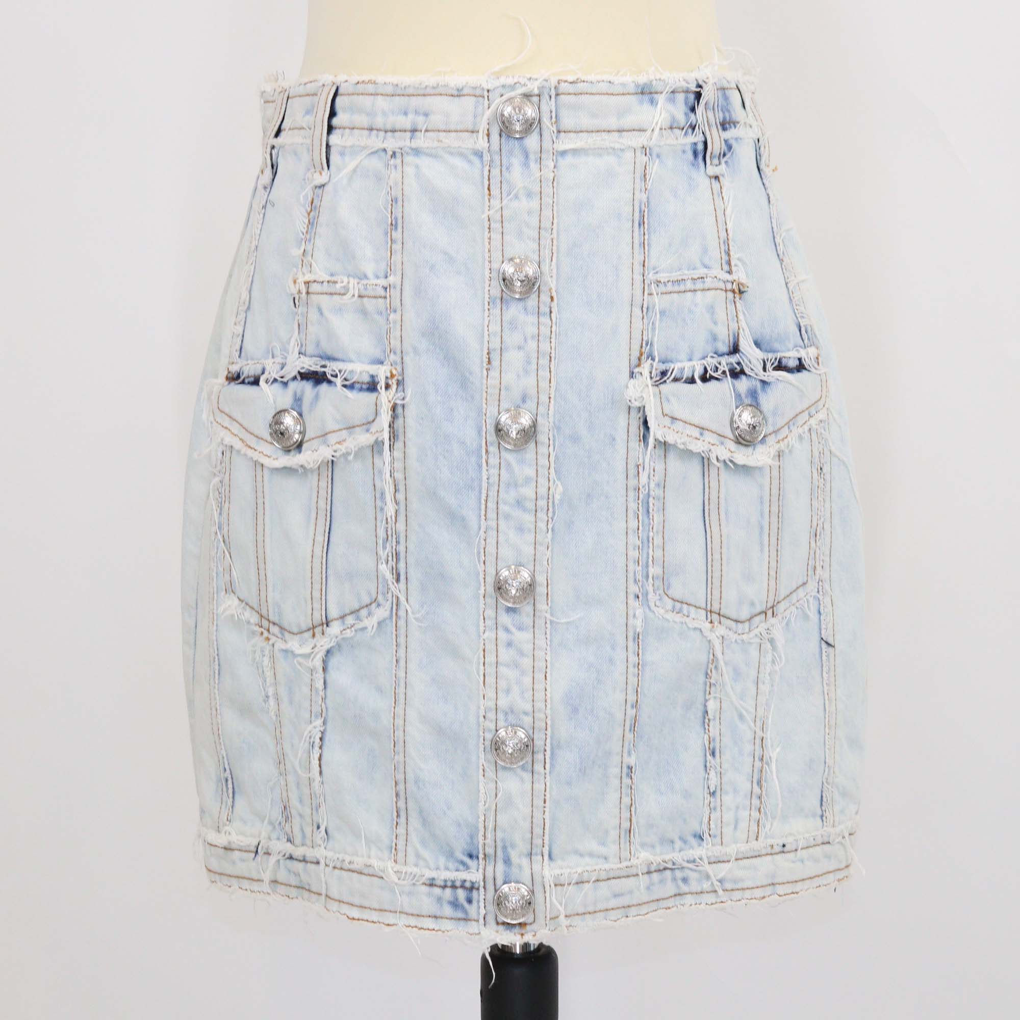 Balmain Washed Blue Denim Button Mini Skirt