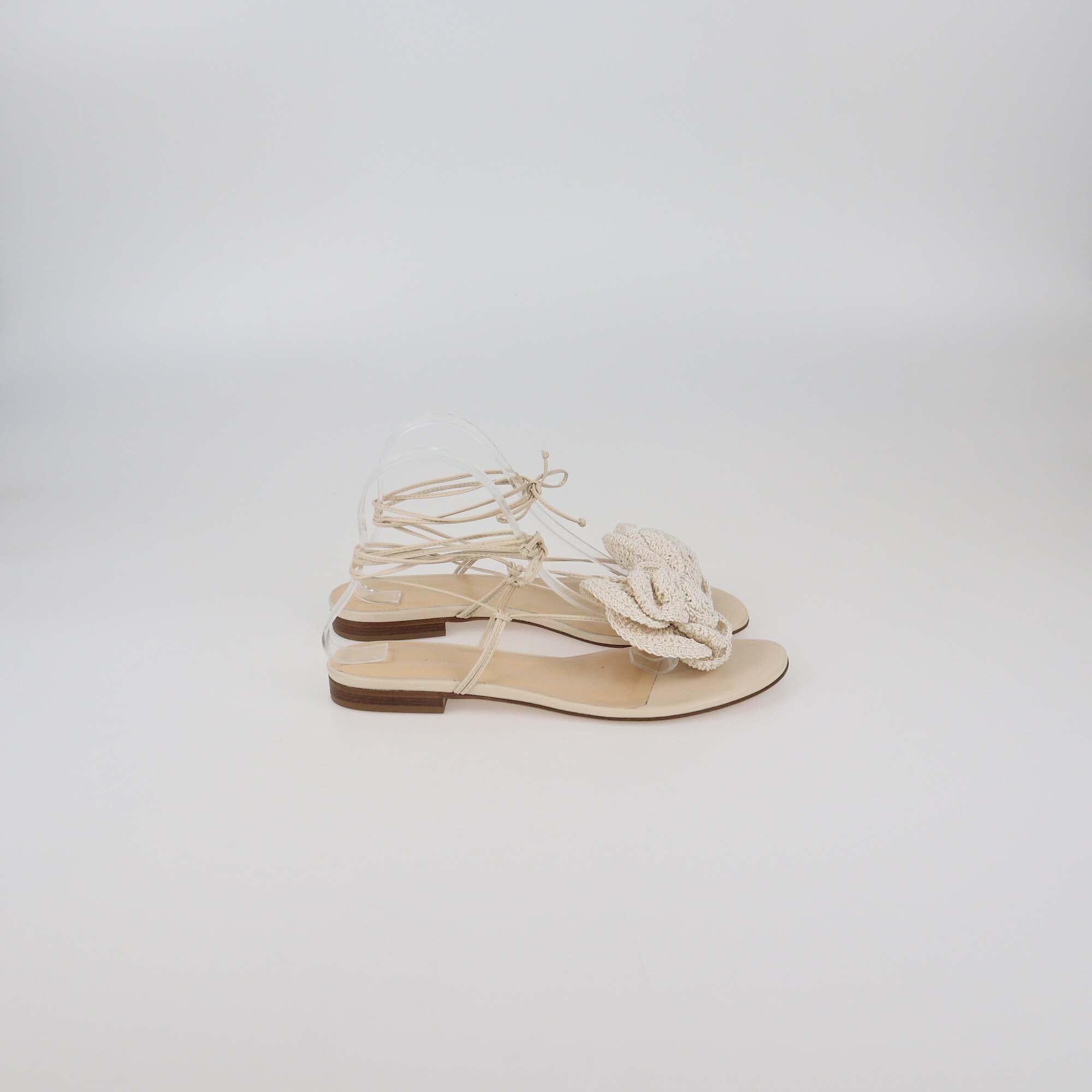 Magda Butrym Cream Crochet Flower Fabric and Leather Wrap Around Flat Sandals Womens Magda Butrym