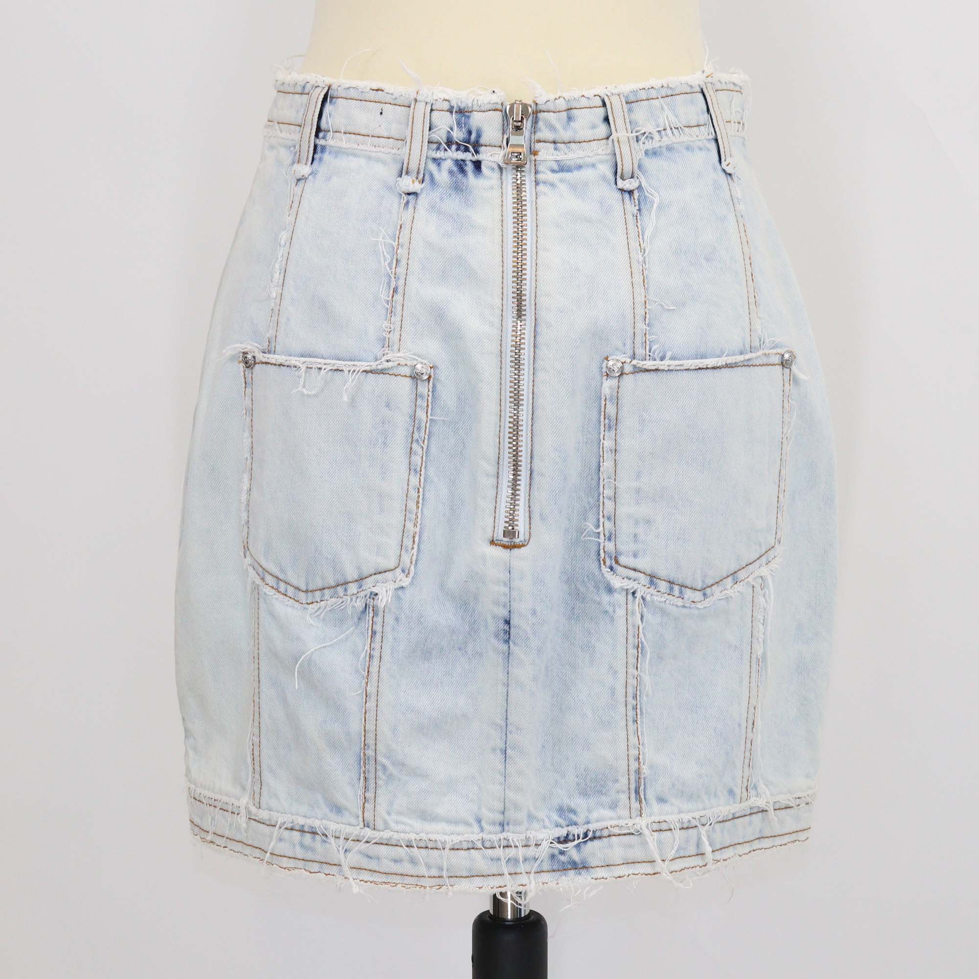 Balmain Washed Blue Denim Button Mini Skirt