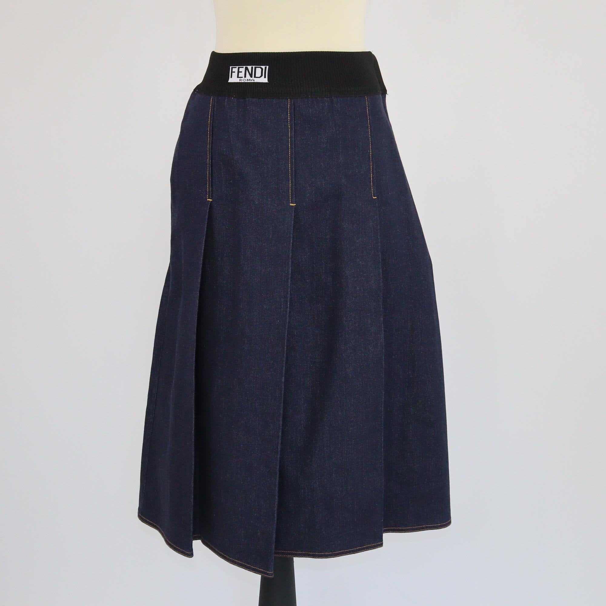 Fendi Dark Blue Denim Elastic Waist Midi Skirt Womens Fendi