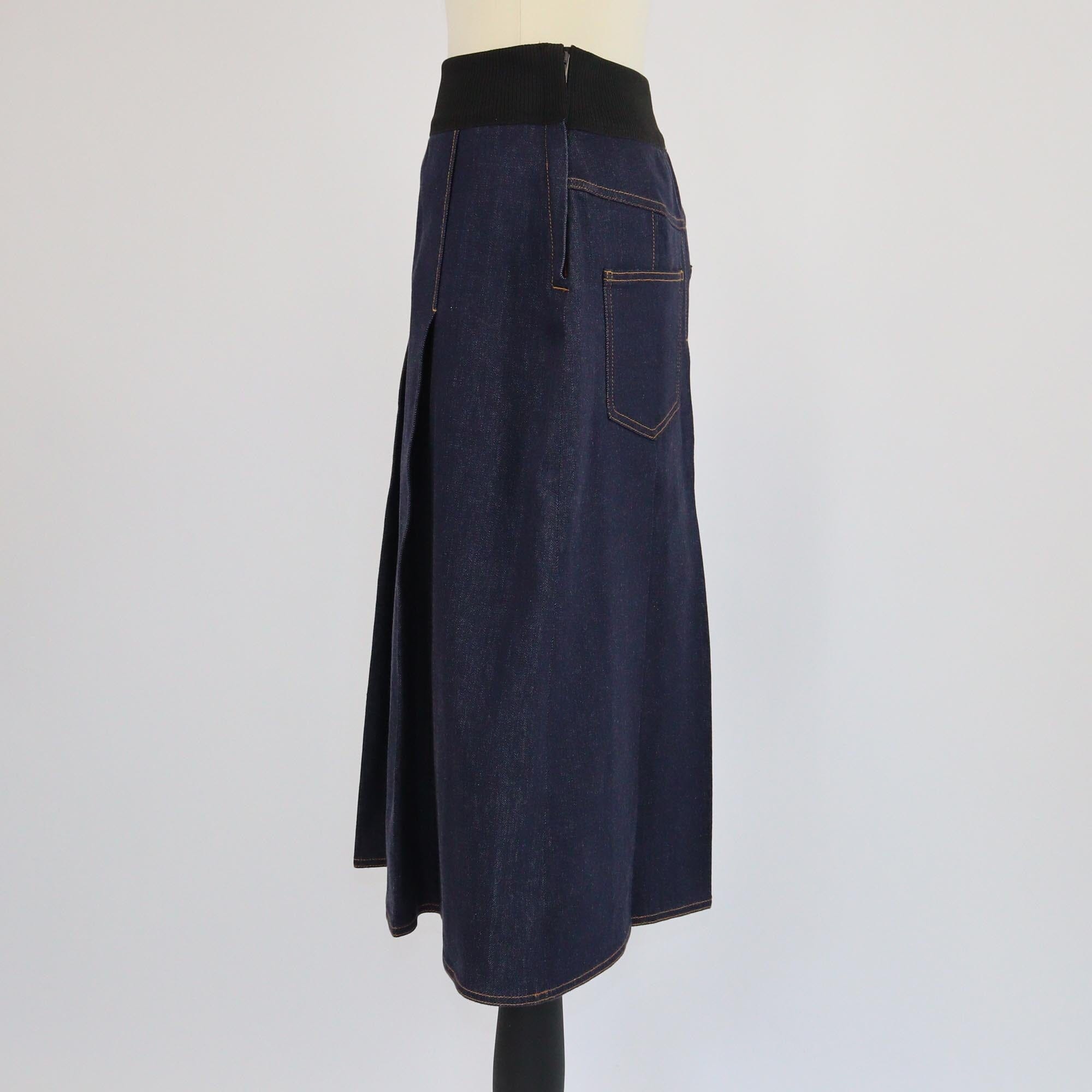 Fendi Dark Blue Denim Elastic Waist Midi Skirt Womens Fendi
