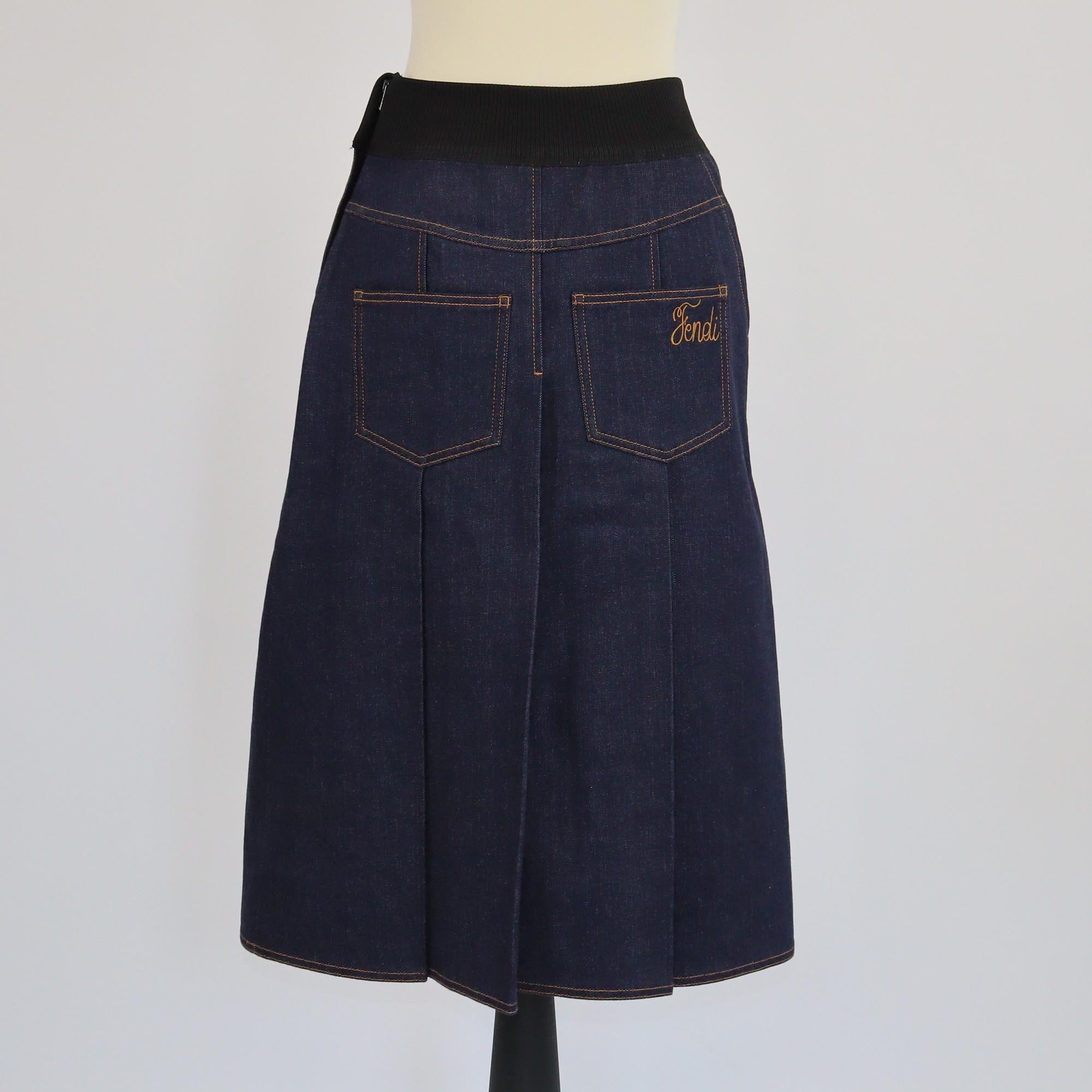 Fendi Dark Blue Denim Elastic Waist Midi Skirt Womens Fendi