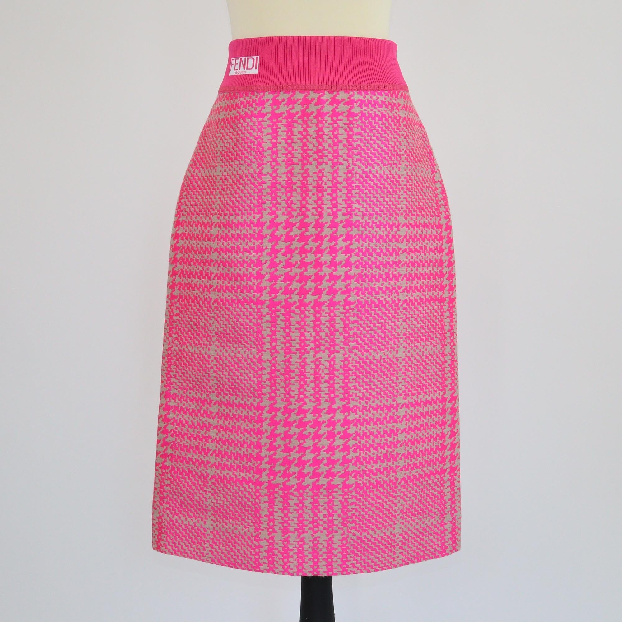 Fendi Pink Houndstooth Pattern Elastic Waist Midi Skirt Womens Fendi
