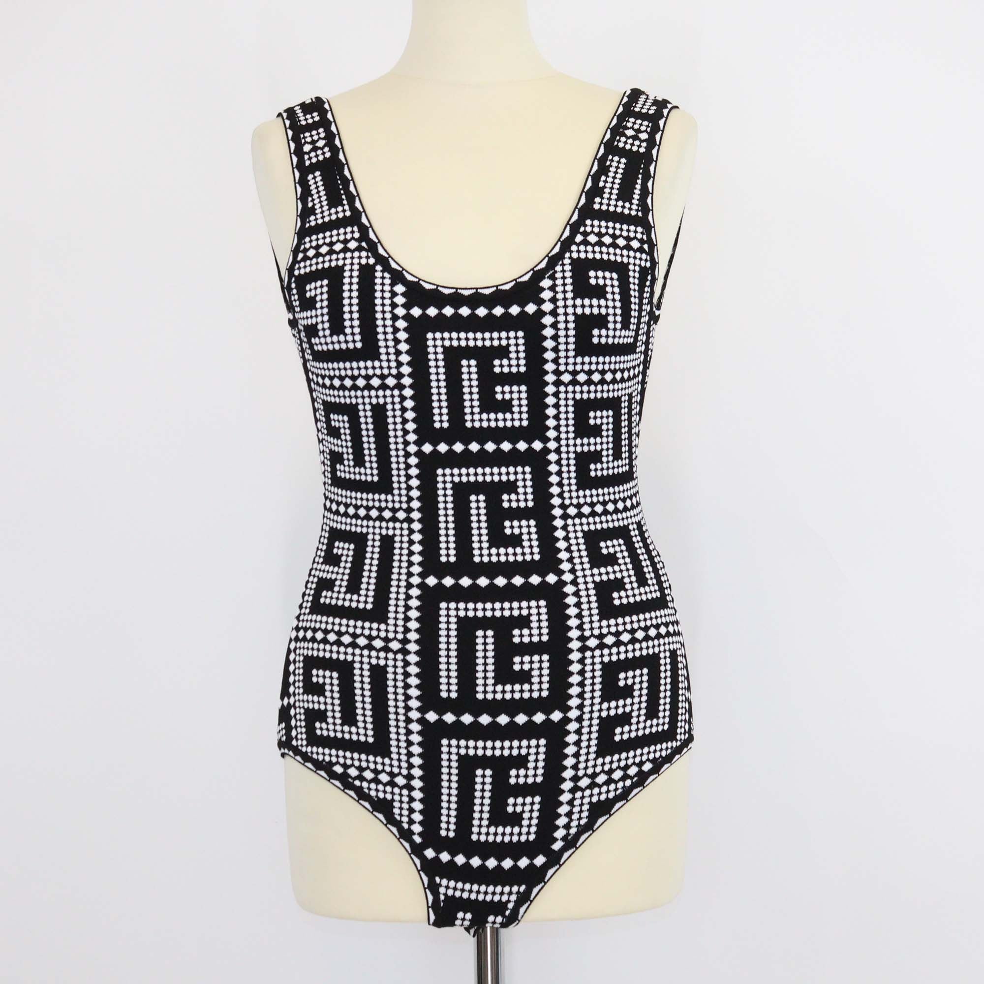 Balmain Black/White Blend Viscose Jacquard Mosaic Bodysuit & Skirt Suit
