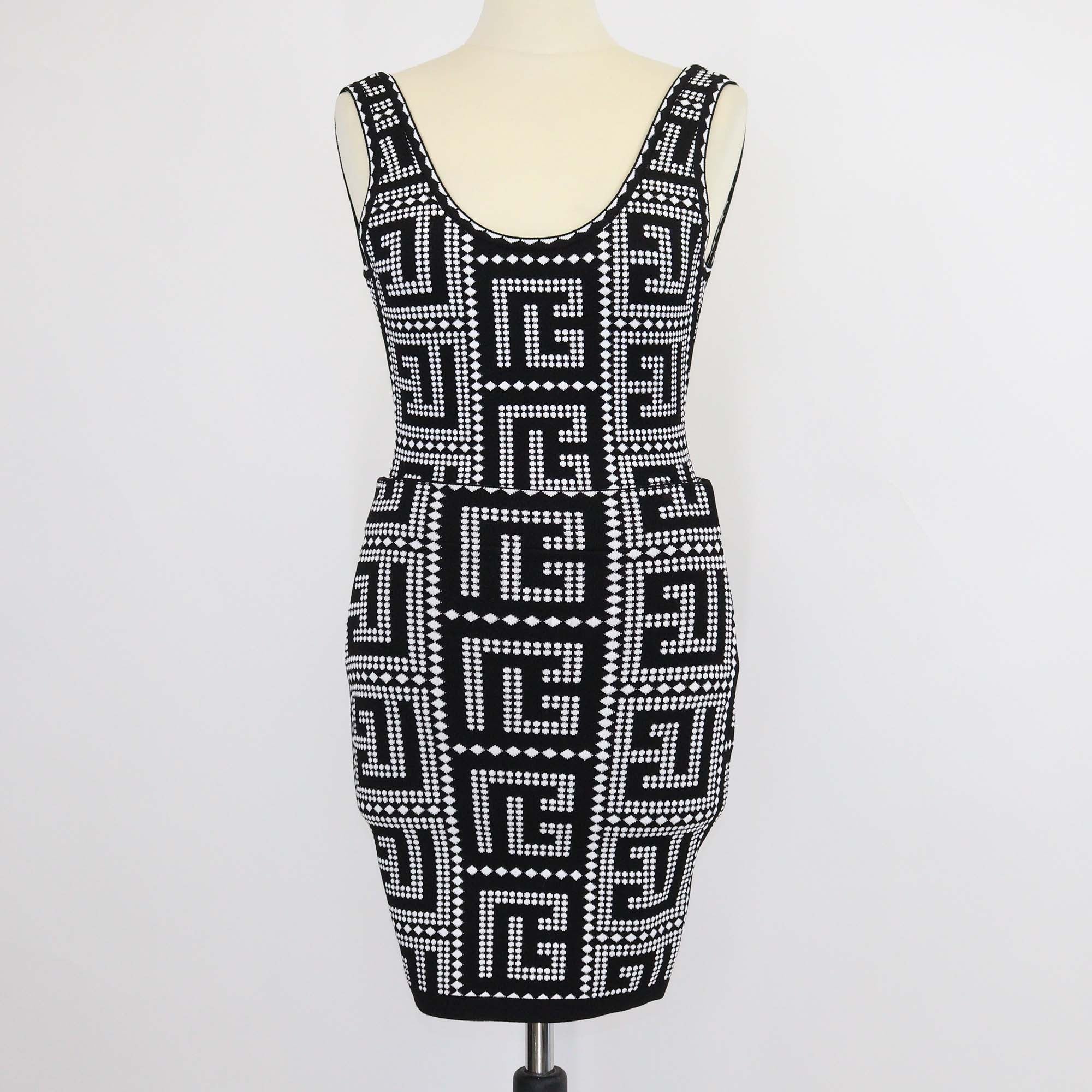 Balmain Black/White Blend Viscose Jacquard Mosaic Bodysuit & Skirt Suit