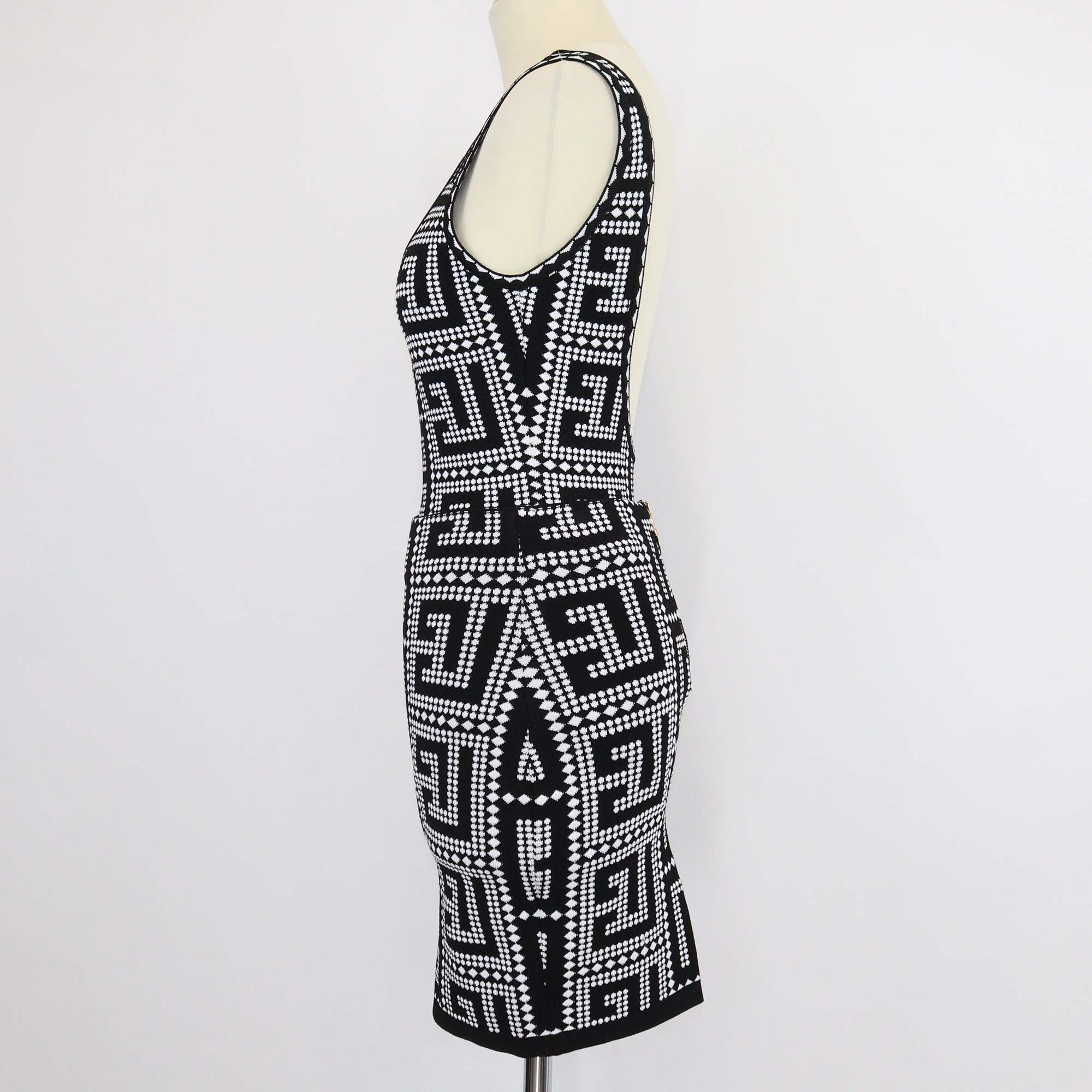 Balmain Black/White Blend Viscose Jacquard Mosaic Bodysuit & Skirt Suit