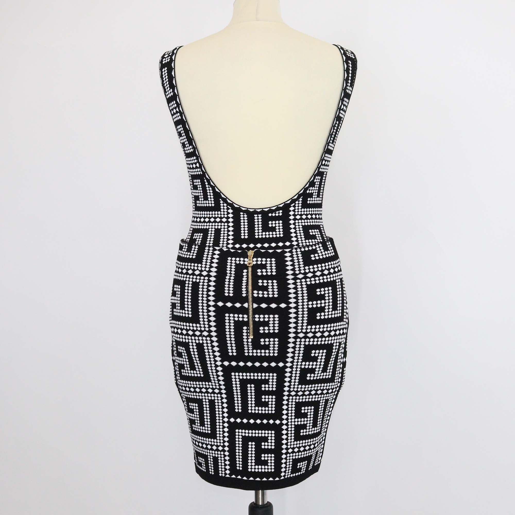 Balmain Black/White Blend Viscose Jacquard Mosaic Bodysuit & Skirt Suit