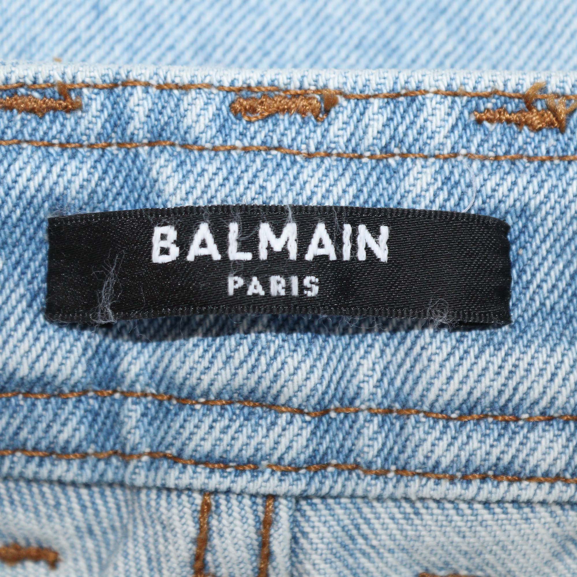 Balmain Blue Denim Logo Belt Mini Short
