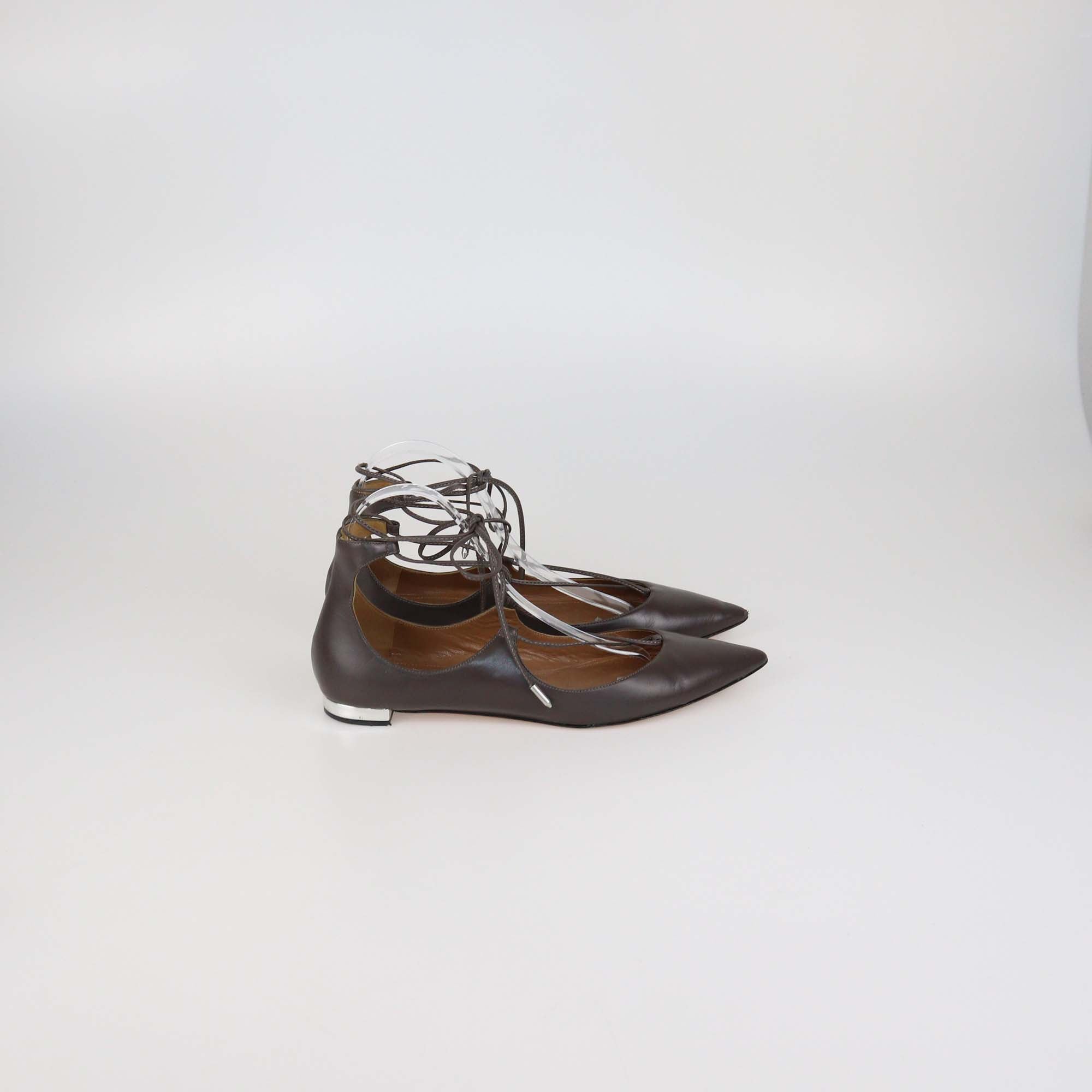 Aquazzura Dark Beige Leather Lace Up Christy Pointed Toe Flats