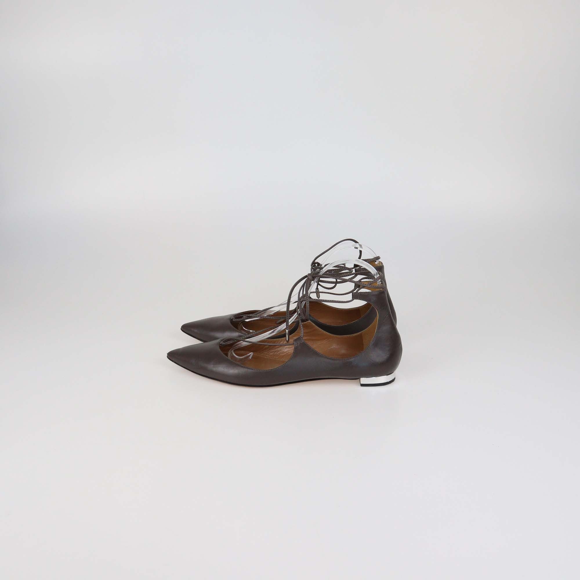Aquazzura Dark Beige Leather Lace Up Christy Pointed Toe Flats